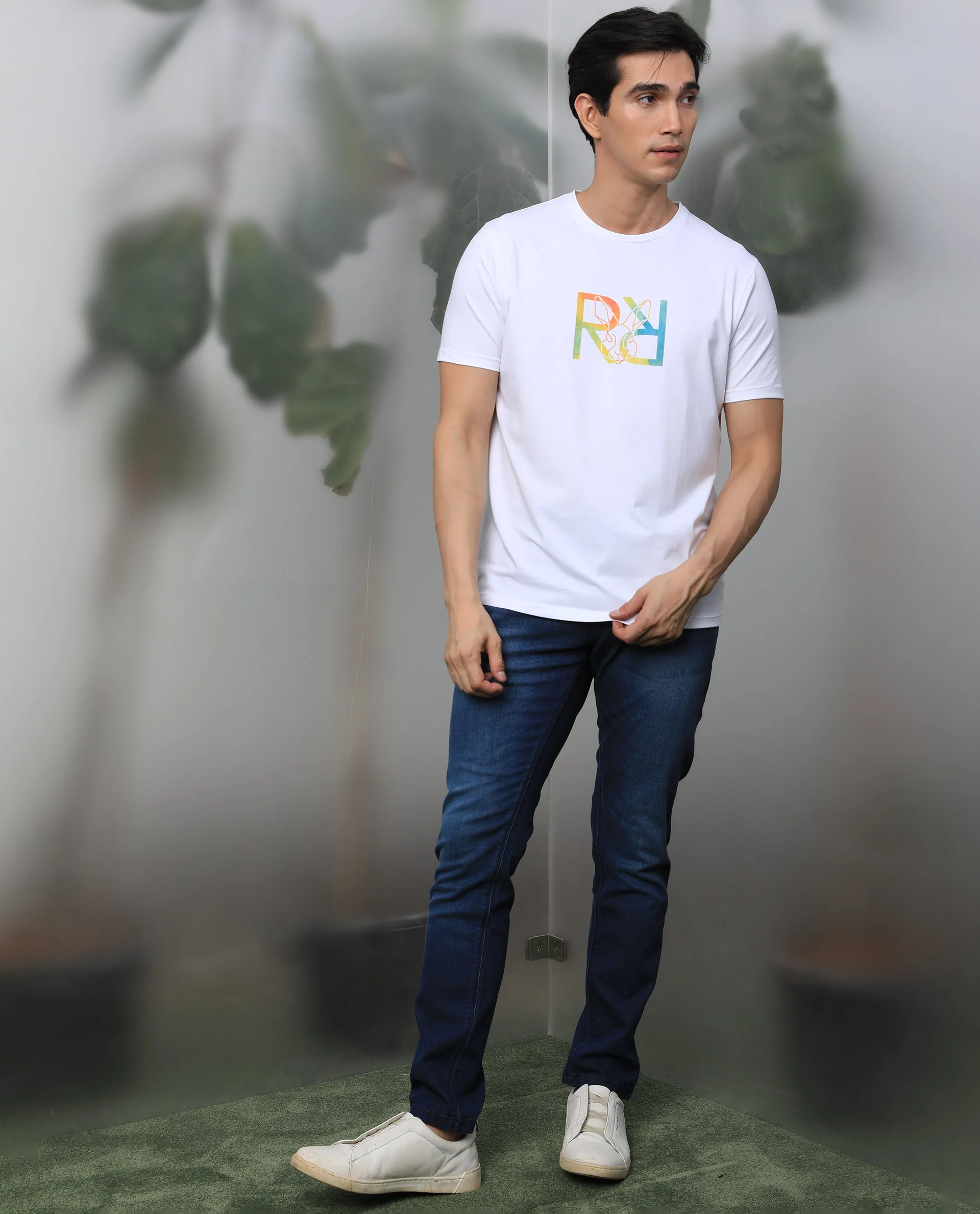 Rare Rabbit Men's Tack White Cotton Graphic Print Slim Fit Half Sleeve Crew Neck T-Shirt - Image 2