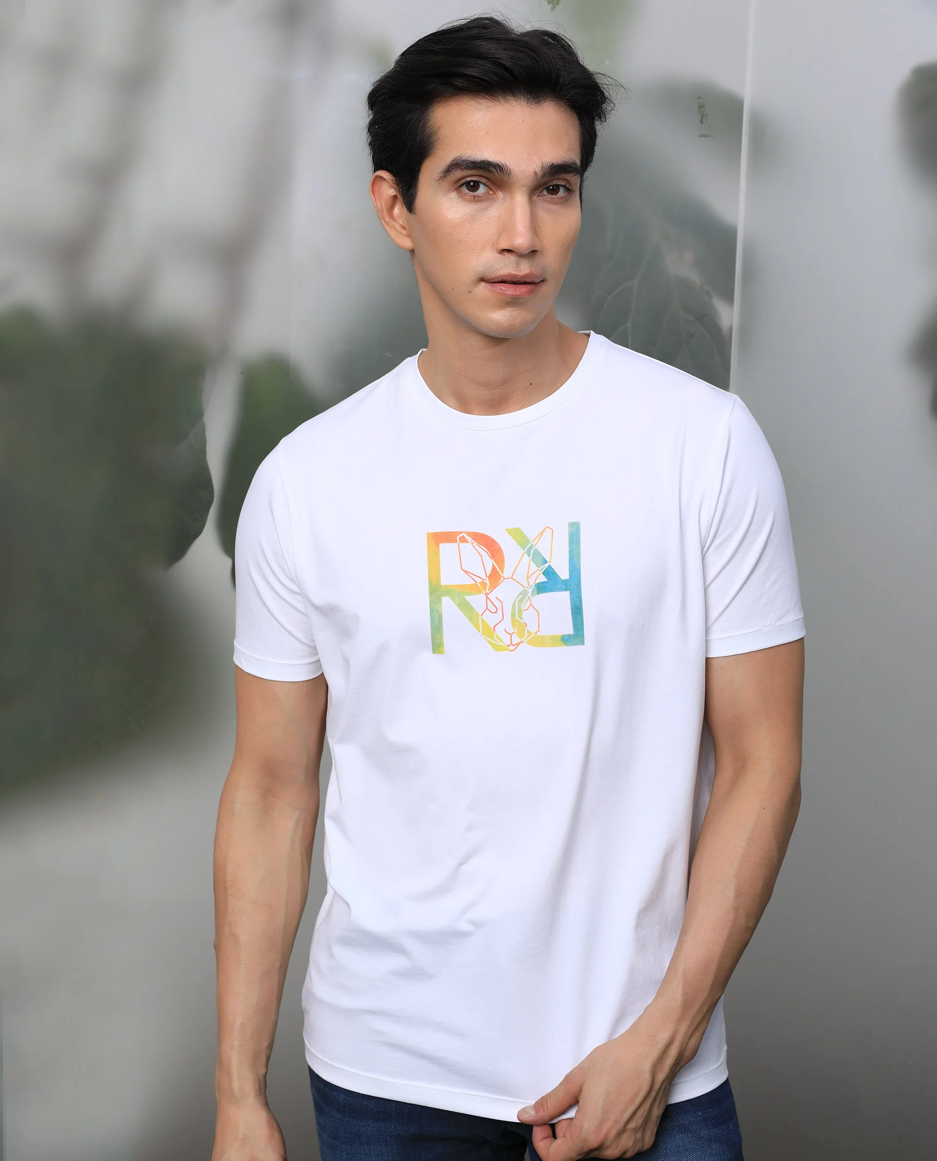 Rare Rabbit Men's Tack White Cotton Graphic Print Slim Fit Half Sleeve Crew Neck T-Shirt - Image 4