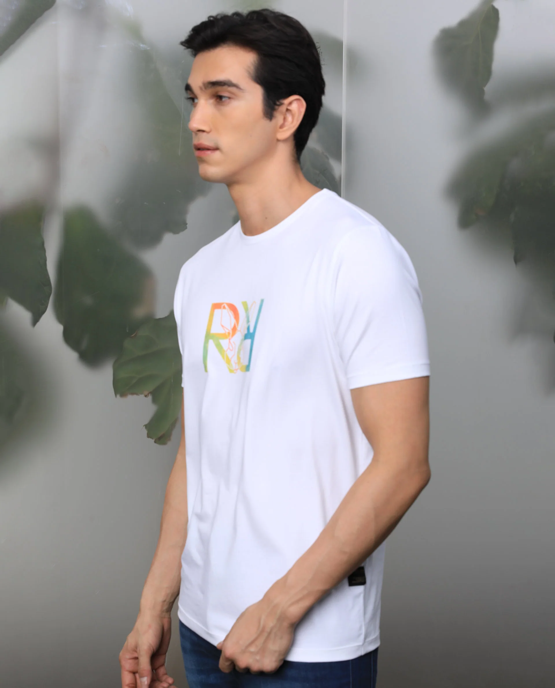 Rare Rabbit Men's Tack White Cotton Graphic Print Slim Fit Half Sleeve Crew Neck T-Shirt - Image 5