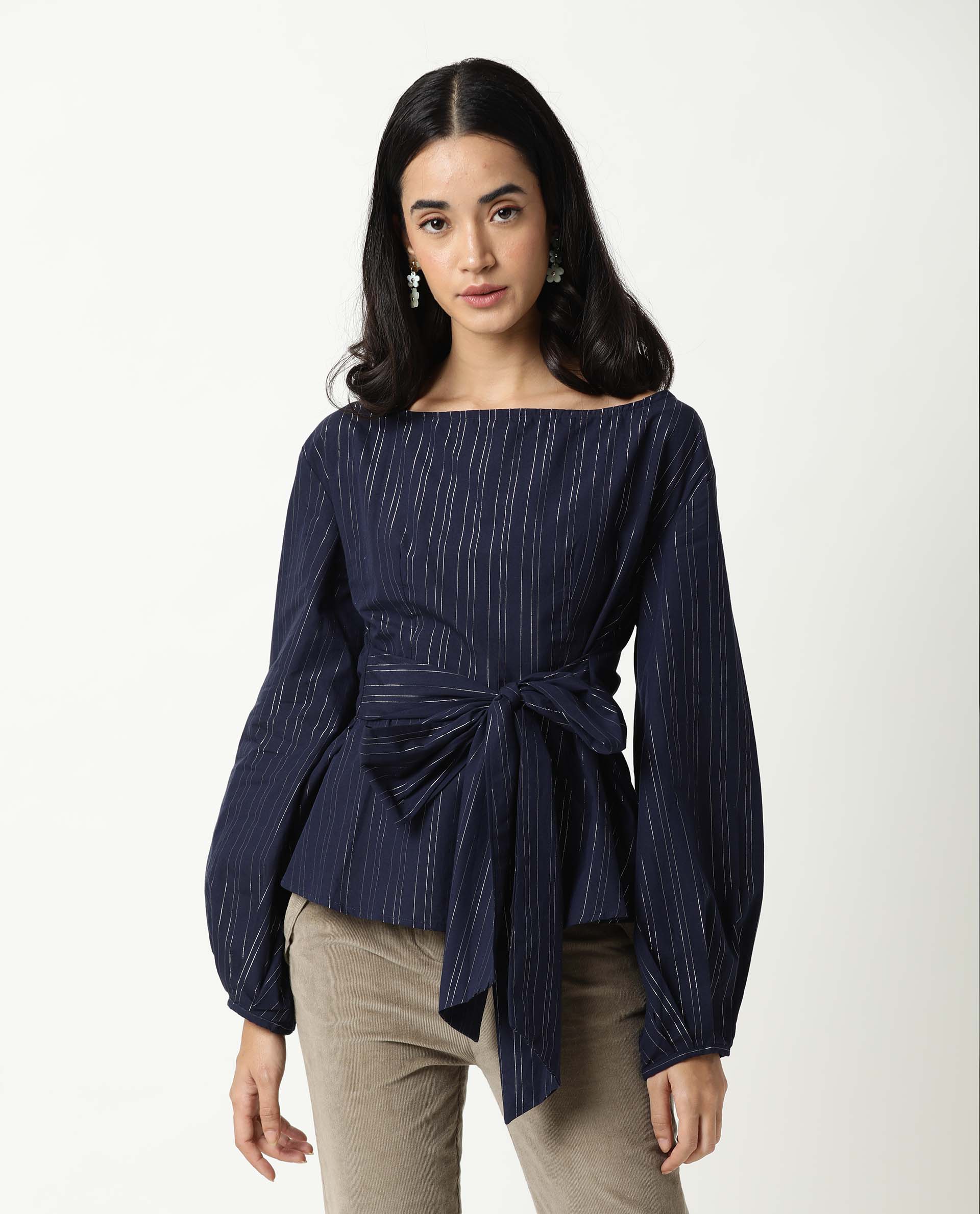 Rareism Women's Tackle Navy Boat Neck Striped Puff Sleeves Regular Fit Top - Image 2