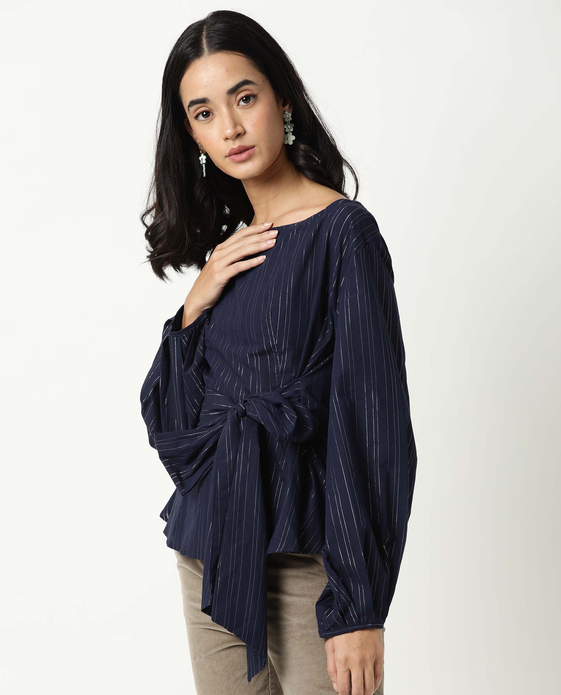 Rareism Women's Tackle Navy Boat Neck Striped Puff Sleeves Regular Fit Top - Image 3