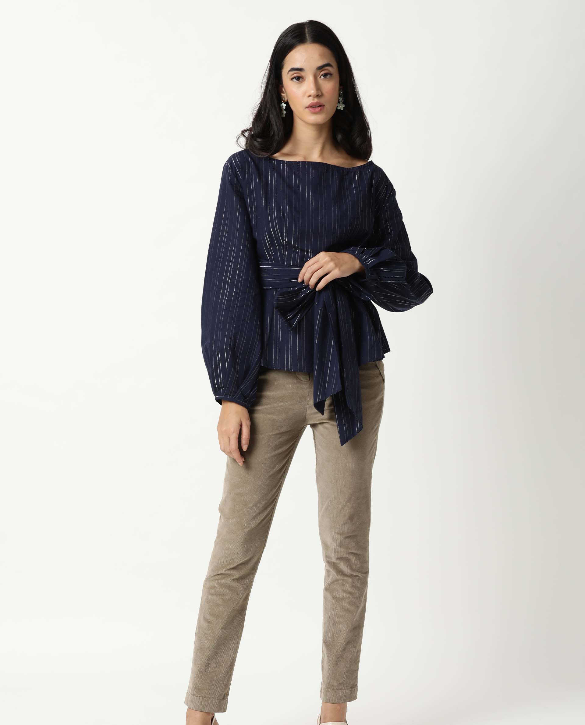 Rareism Women's Tackle Navy Boat Neck Striped Puff Sleeves Regular Fit Top - Image 4