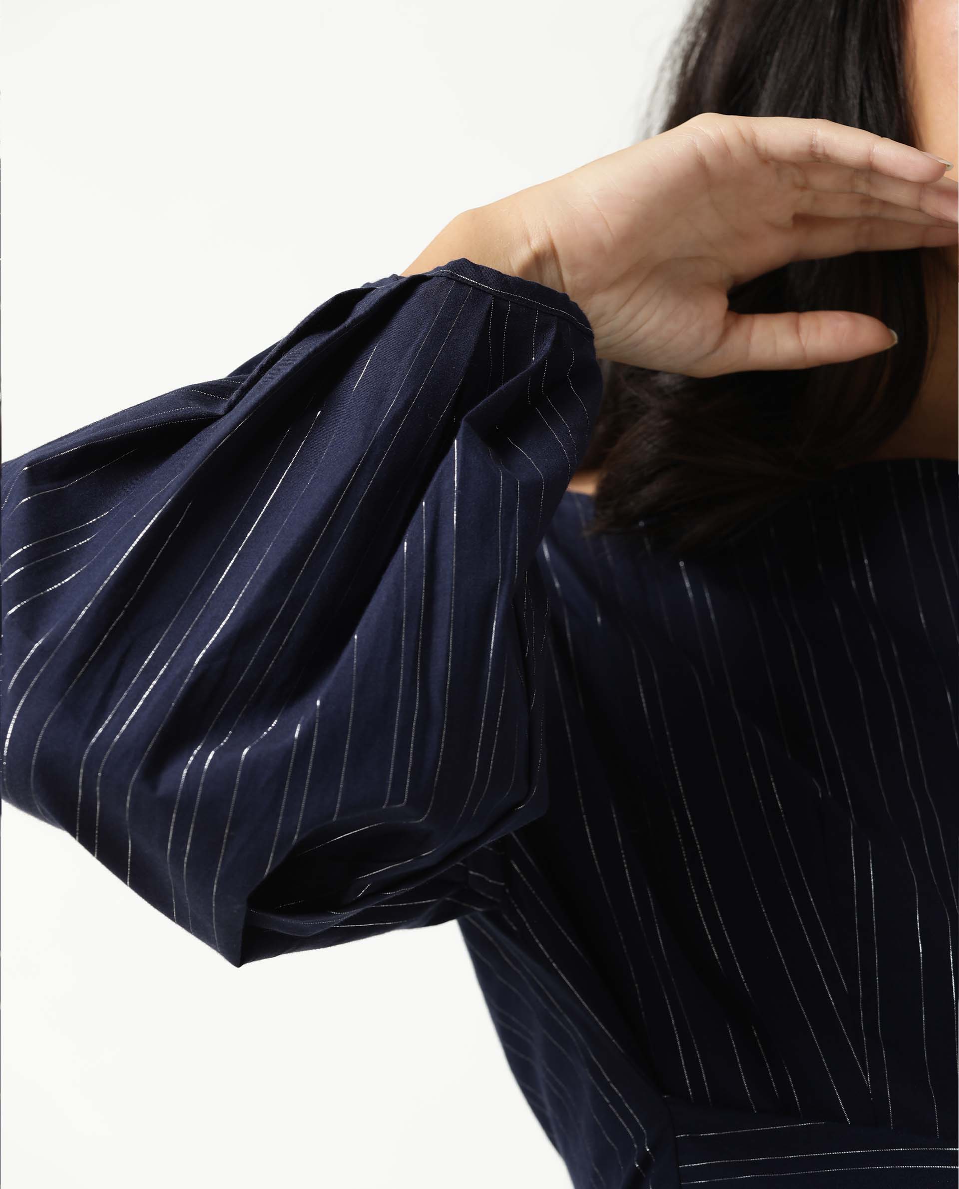 Rareism Women's Tackle Navy Boat Neck Striped Puff Sleeves Regular Fit Top - Image 5