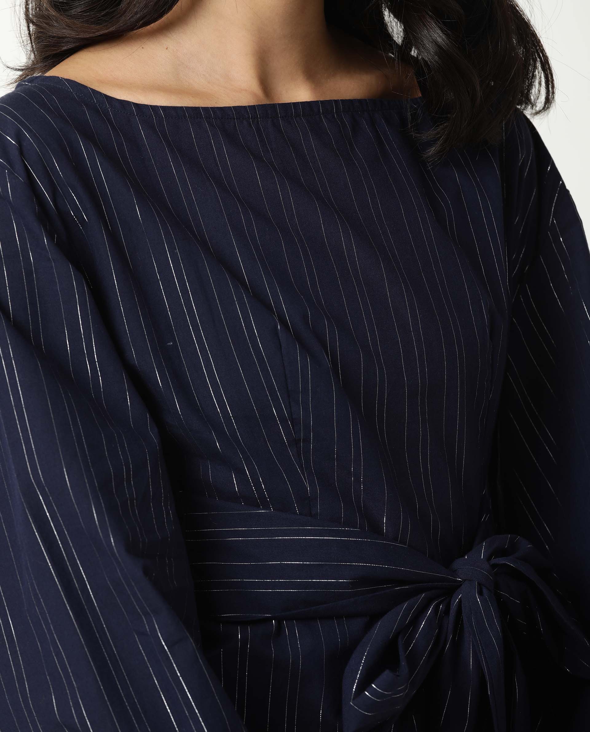 Rareism Women's Tackle Navy Boat Neck Striped Puff Sleeves Regular Fit Top - Image 6