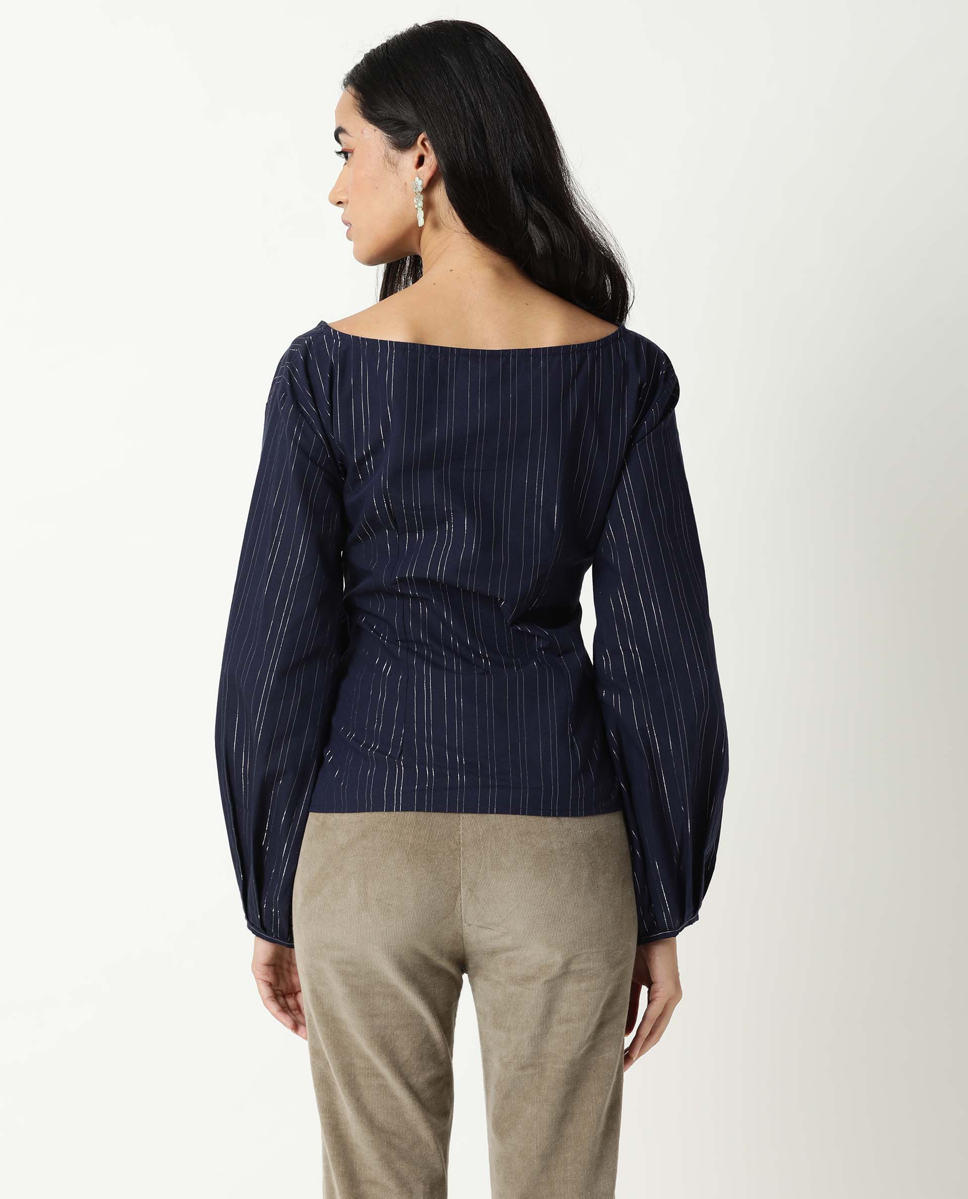 Rareism Women's Tackle Navy Boat Neck Striped Puff Sleeves Regular Fit Top - Image 7