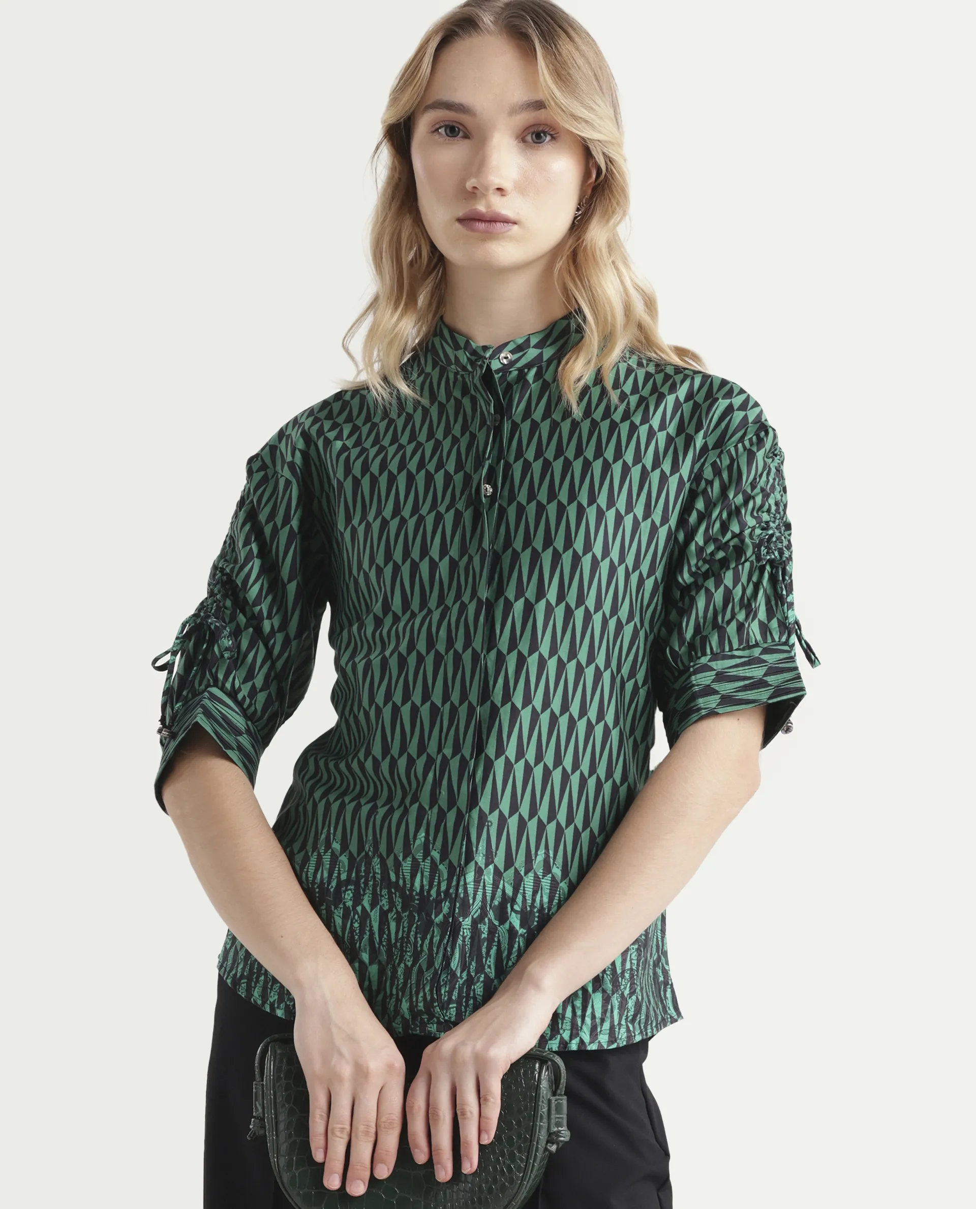 Rareism Women's Tafel Green Cotton Mandarin Collar Geometric Print Regular Fit Top