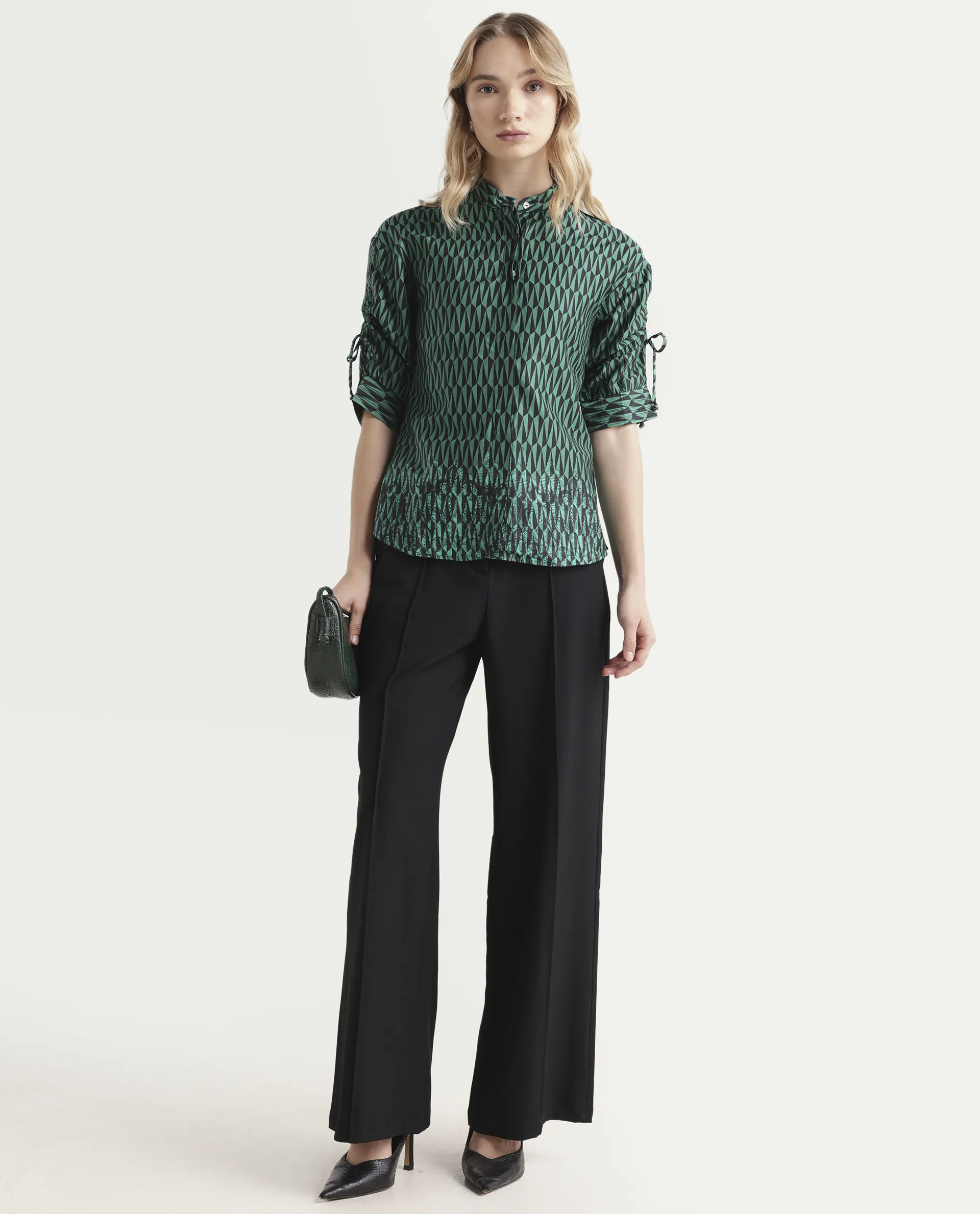 Rareism Women's Tafel Green Cotton Mandarin Collar Geometric Print Regular Fit Top - Image 2