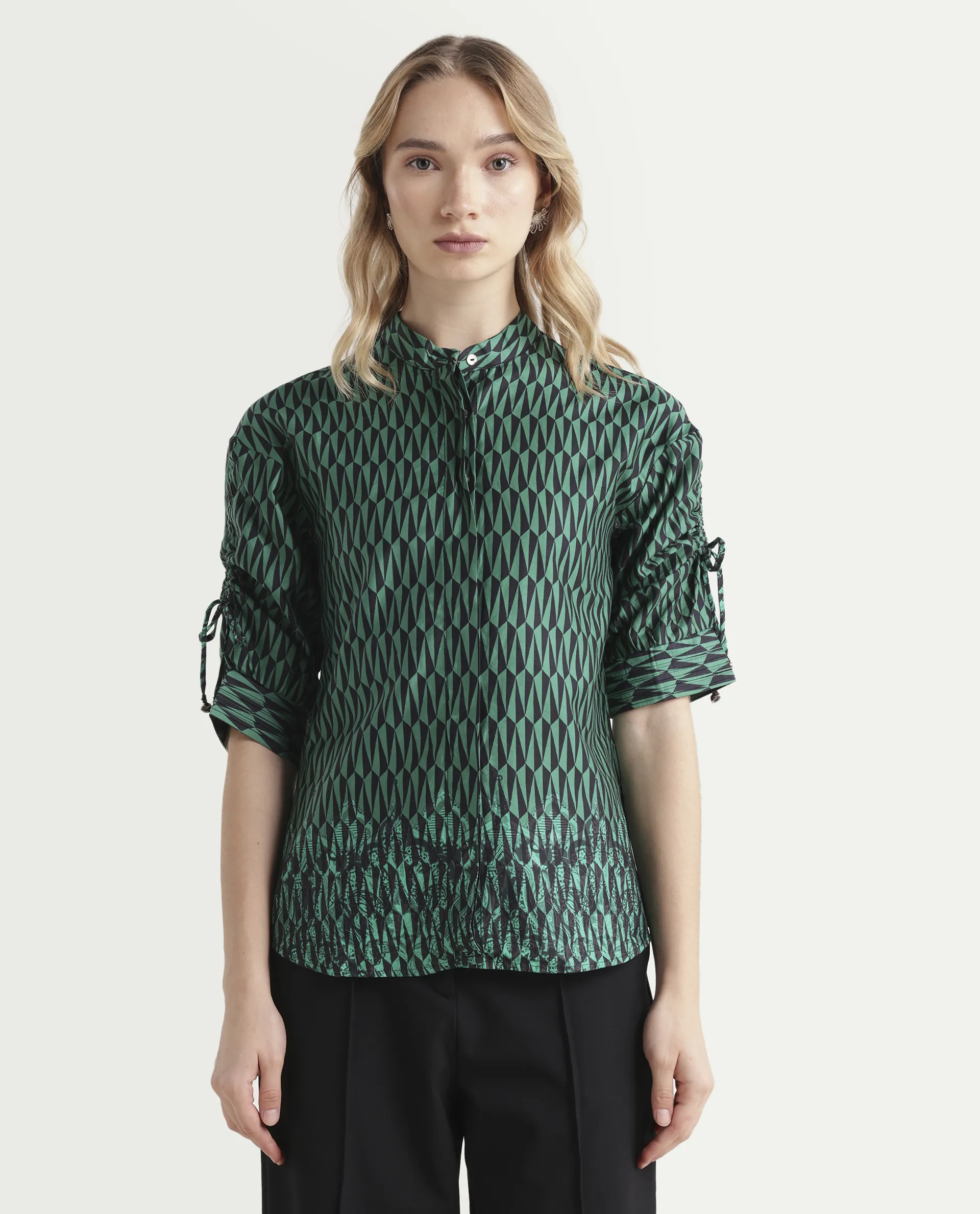 Rareism Women's Tafel Green Cotton Mandarin Collar Geometric Print Regular Fit Top - Image 3