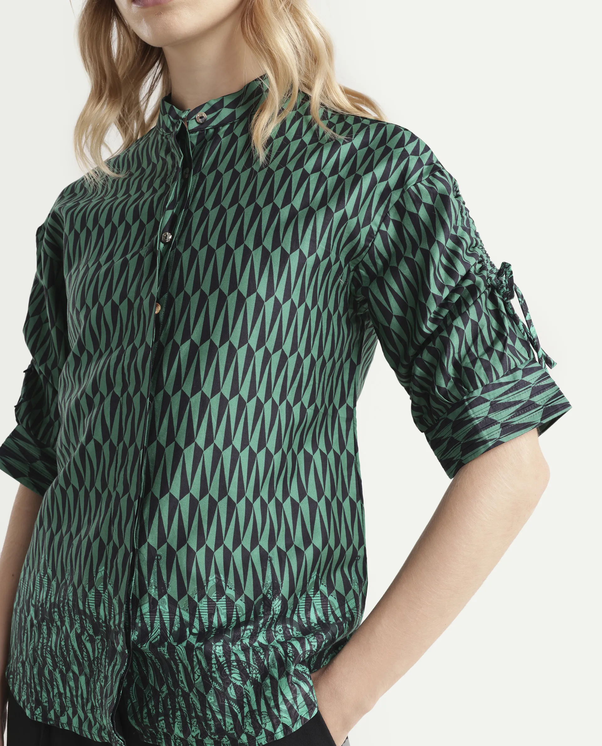 Rareism Women's Tafel Green Cotton Mandarin Collar Geometric Print Regular Fit Top - Image 4