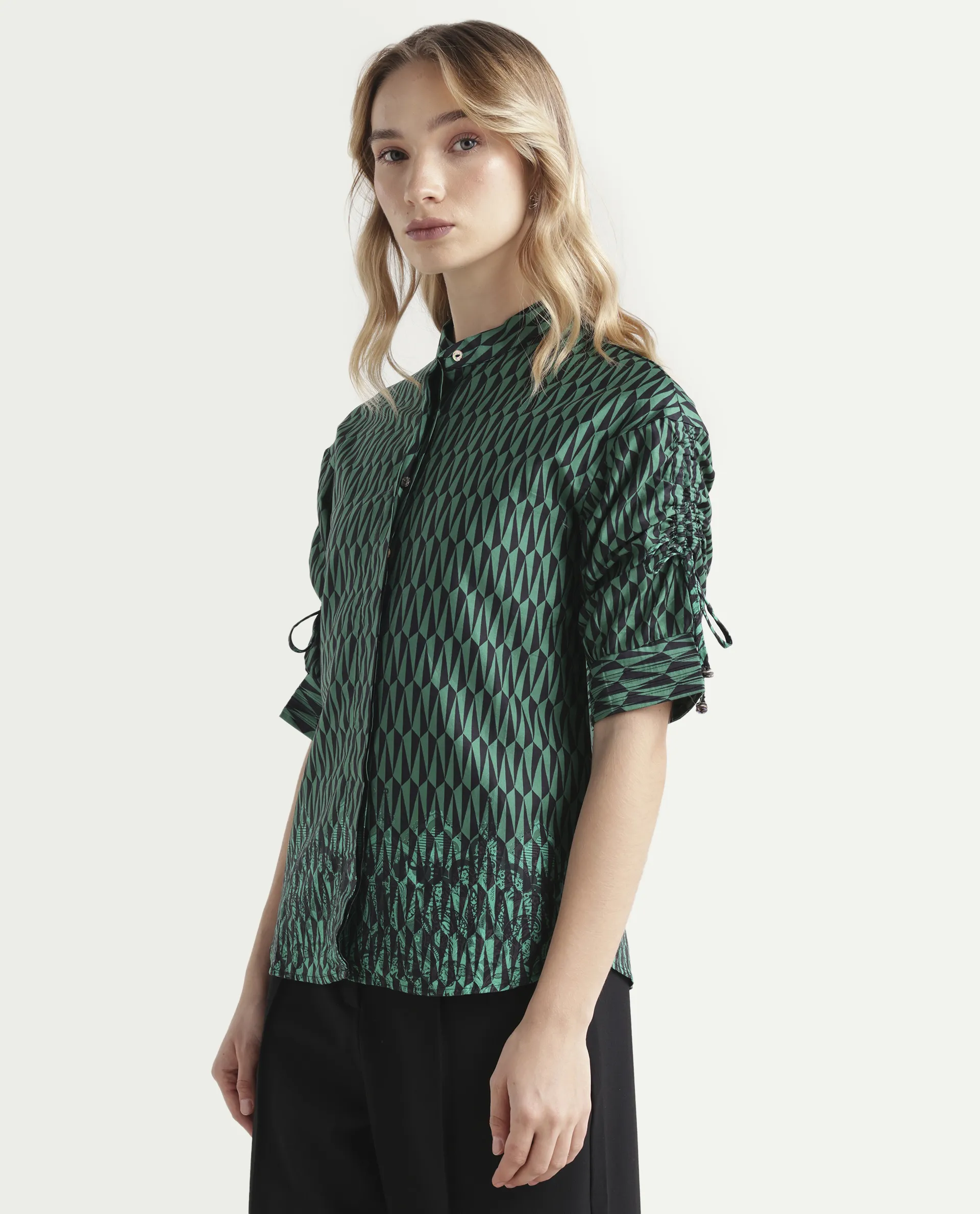 Rareism Women's Tafel Green Cotton Mandarin Collar Geometric Print Regular Fit Top - Image 5