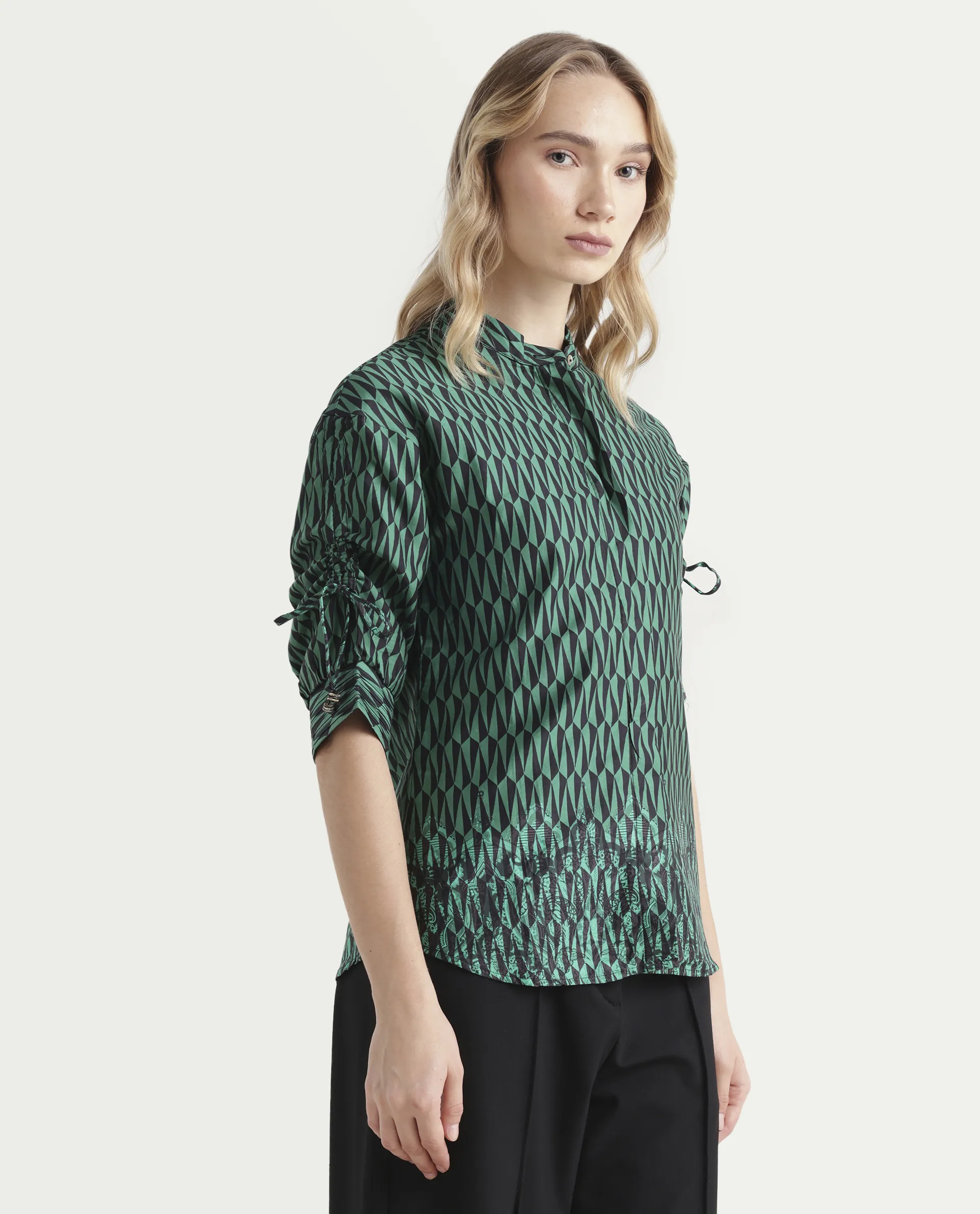 Rareism Women's Tafel Green Cotton Mandarin Collar Geometric Print Regular Fit Top - Image 6