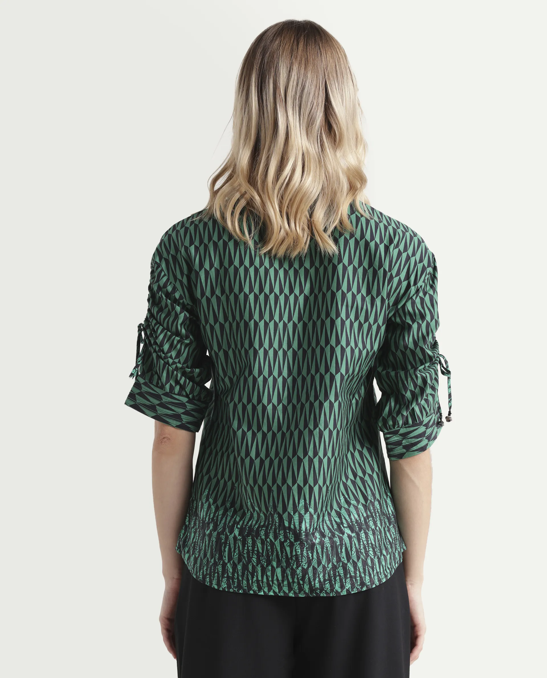 Rareism Women's Tafel Green Cotton Mandarin Collar Geometric Print Regular Fit Top - Image 7