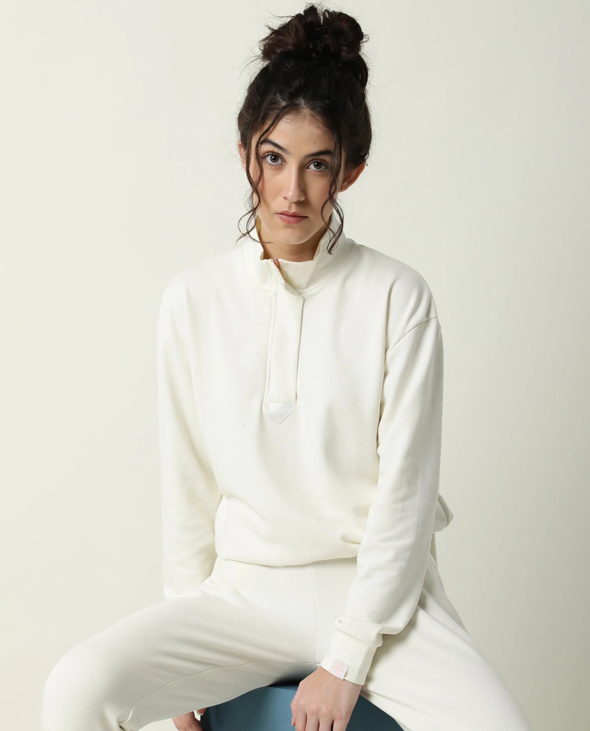 Rareism Women's Taffy-1 Off White High Neck Plain Relaxed Fit Sweatshirt - Image 10