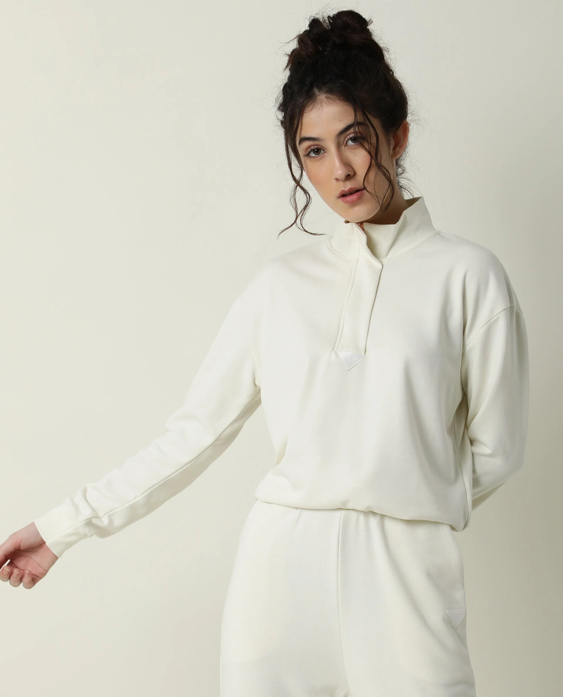 Rareism Women's Taffy-1 Off White High Neck Plain Relaxed Fit Sweatshirt - Image 7