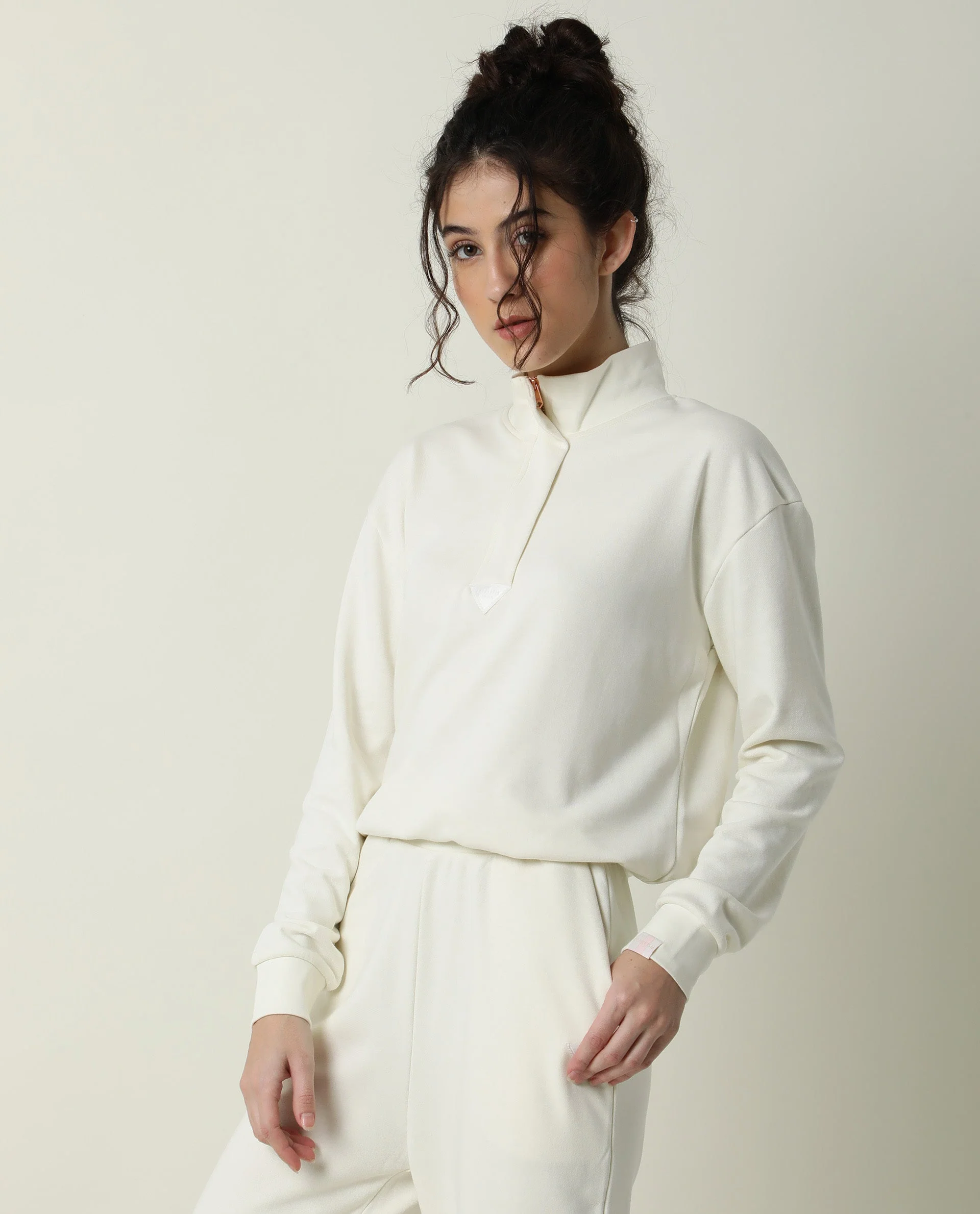 Rareism Women's Taffy-1 Off White High Neck Plain Relaxed Fit Sweatshirt - Image 9