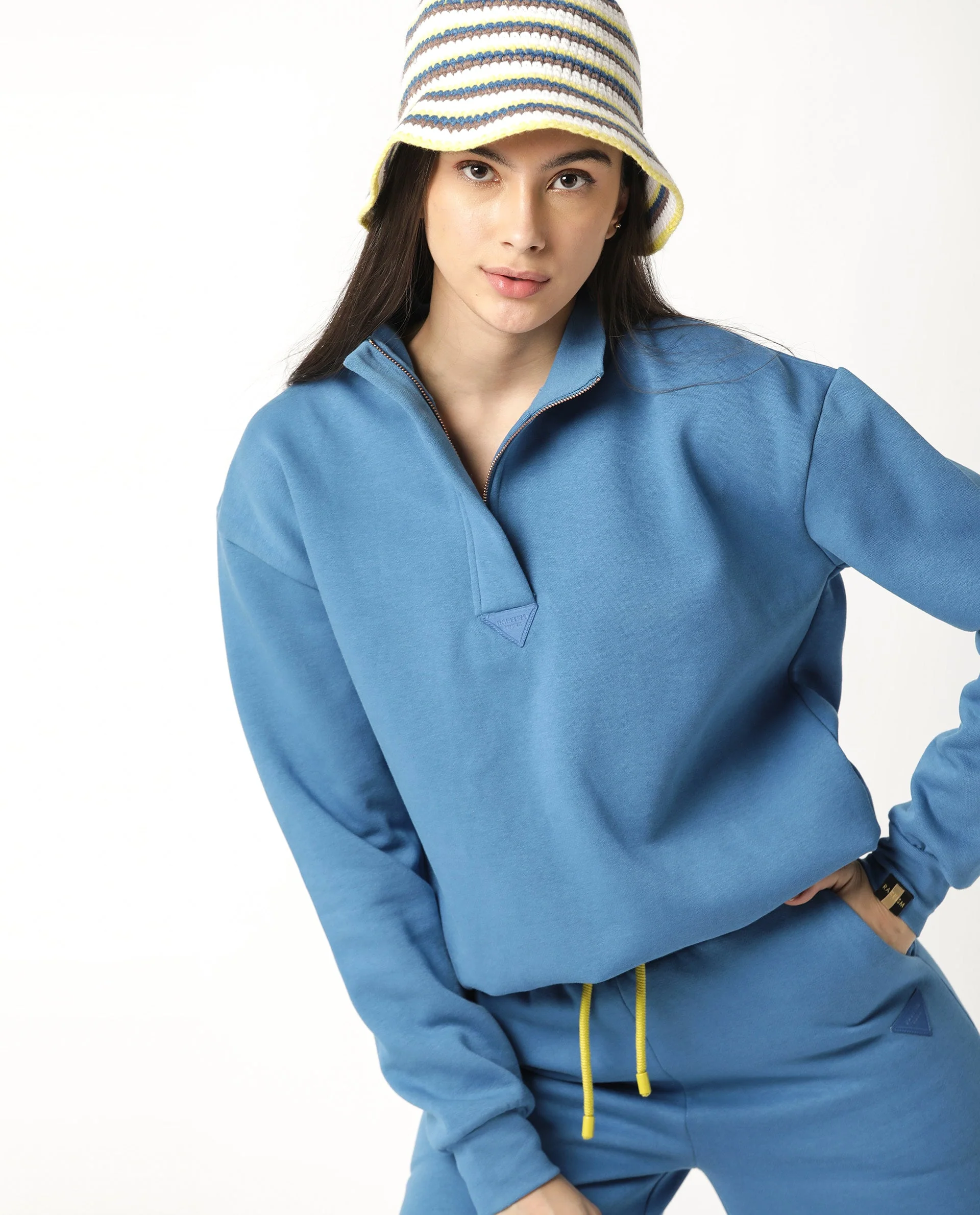 Rareism Women's Taffy-1 Blue High Neck Plain Relaxed Fit Sweatshirt - Image 11