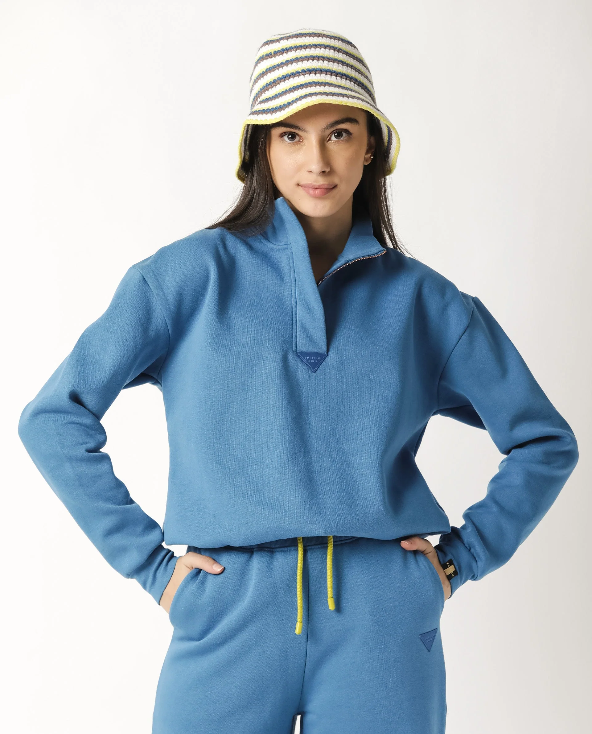 Rareism Women's Taffy-1 Blue High Neck Plain Relaxed Fit Sweatshirt - Image 14