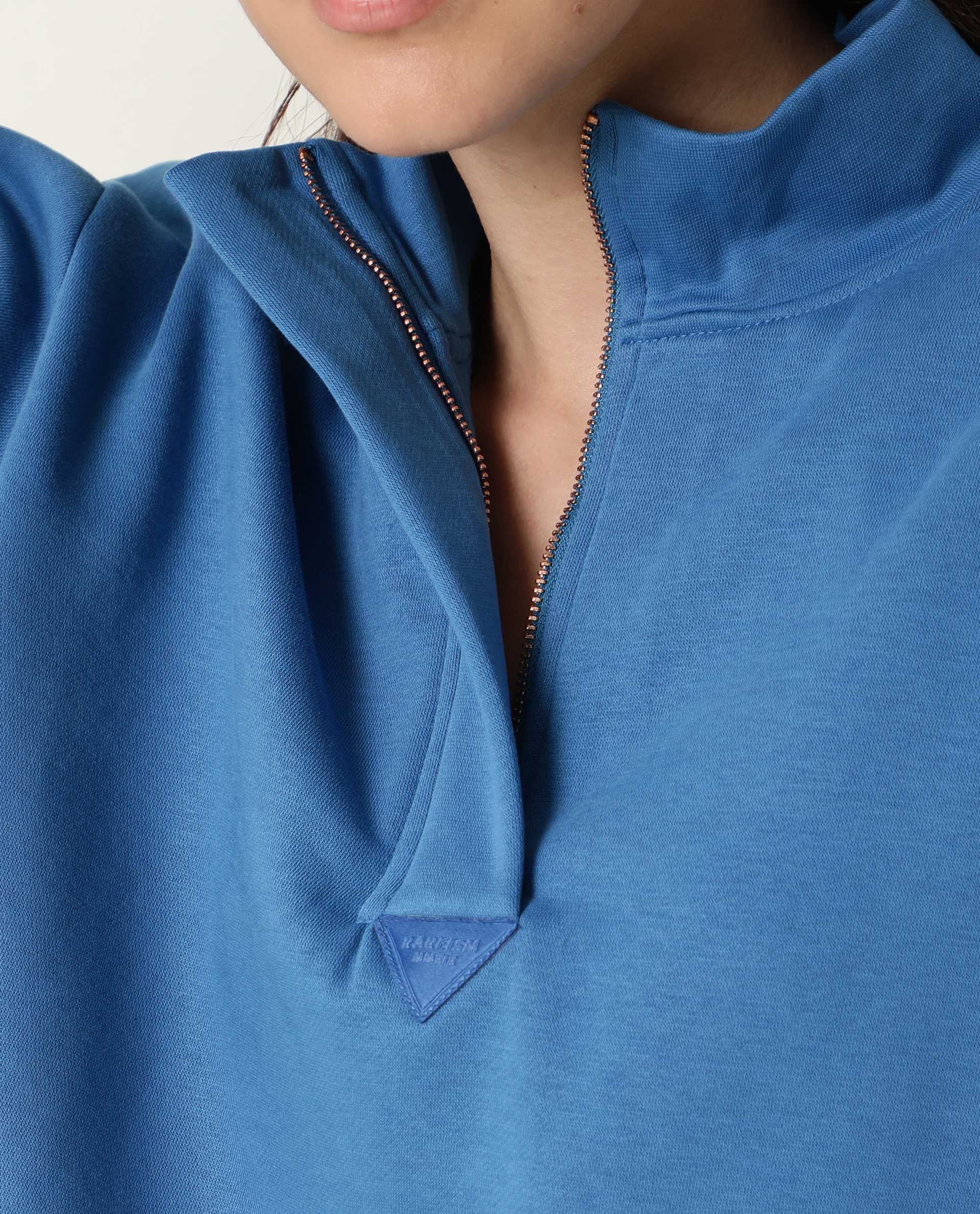 Rareism Women's Taffy-1 Blue High Neck Plain Relaxed Fit Sweatshirt - Image 2
