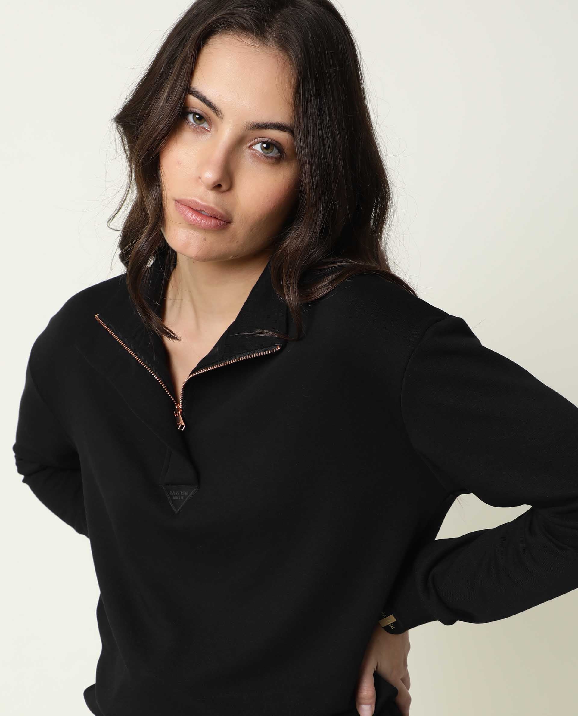 Rareism Women's Taffy-1 Black High Neck Plain Relaxed Fit Sweatshirt