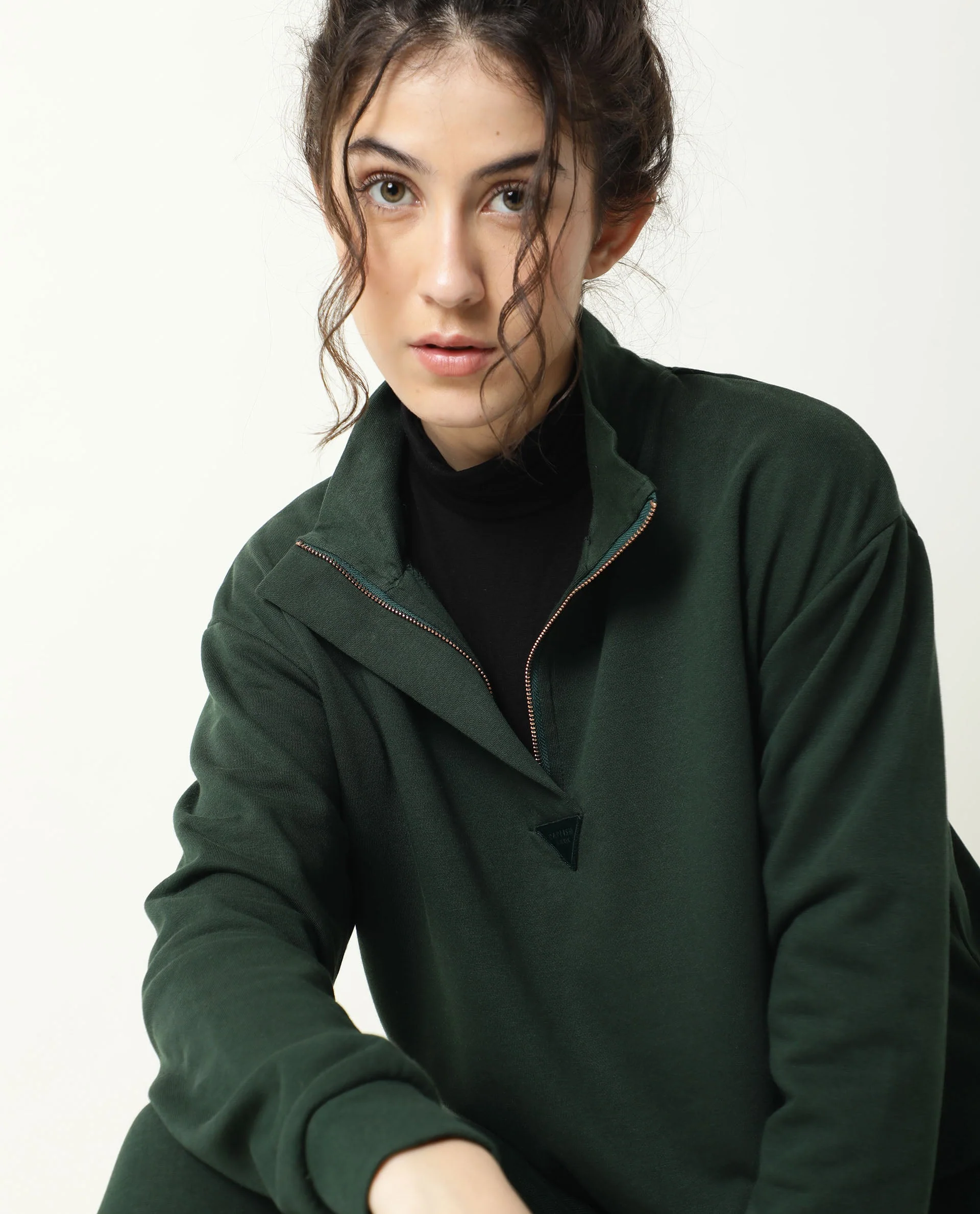 Rareism Women's Taffy-1 Green High Neck Plain Relaxed Fit Sweatshirt - Image 3