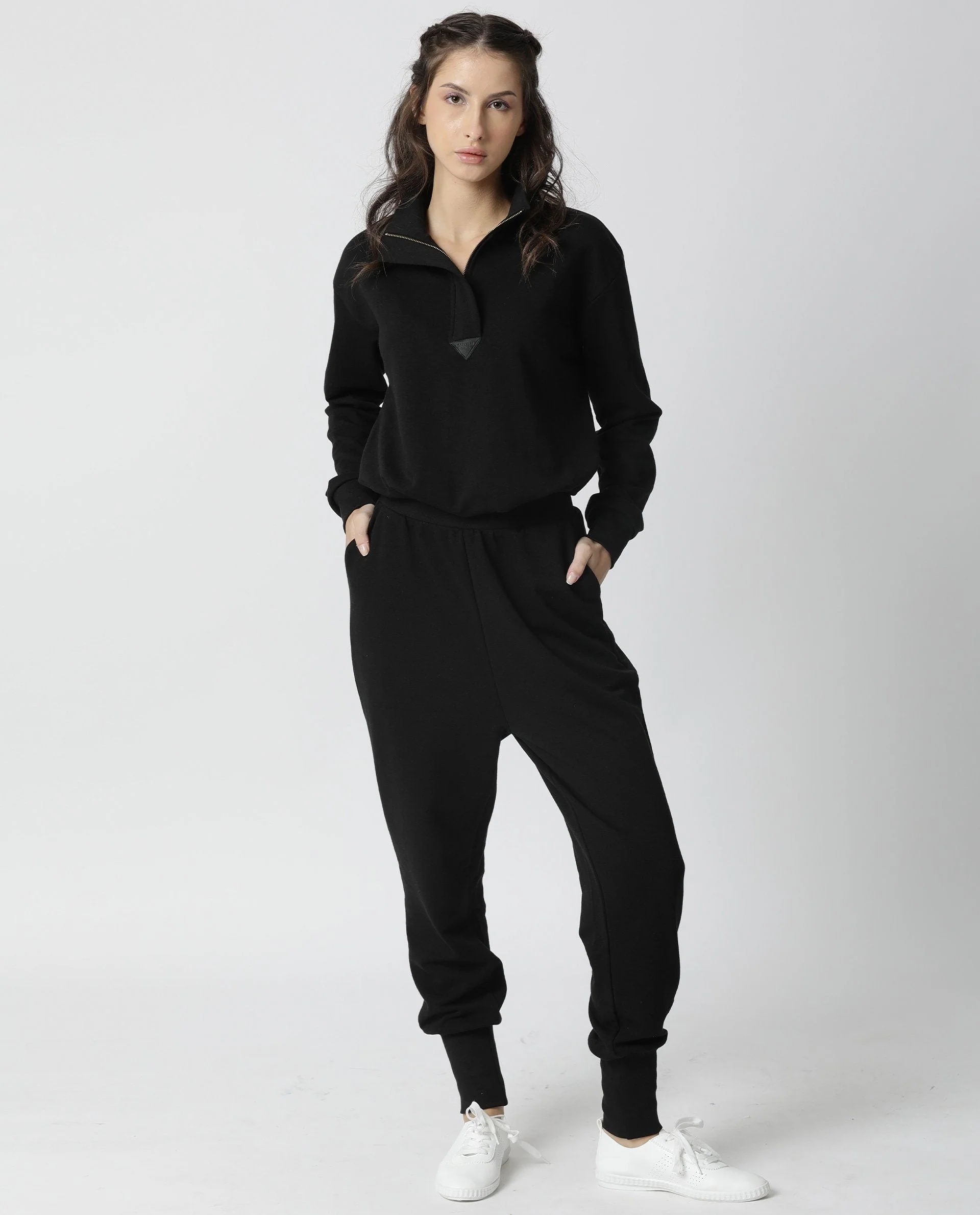 Rareism Women's Taffy Black High Neck Plain Relaxed Fit Sweatshirt