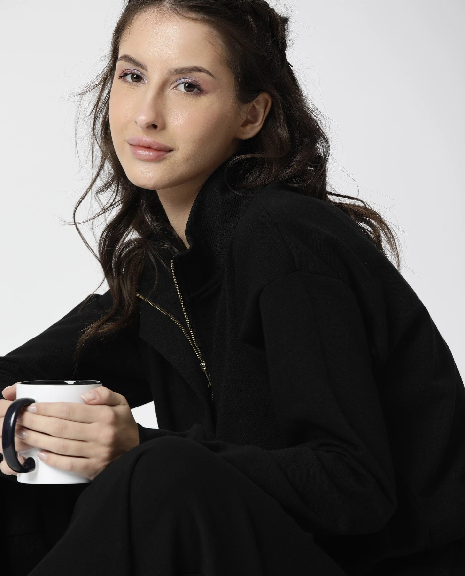 Rareism Women's Taffy Black High Neck Plain Relaxed Fit Sweatshirt - Image 10