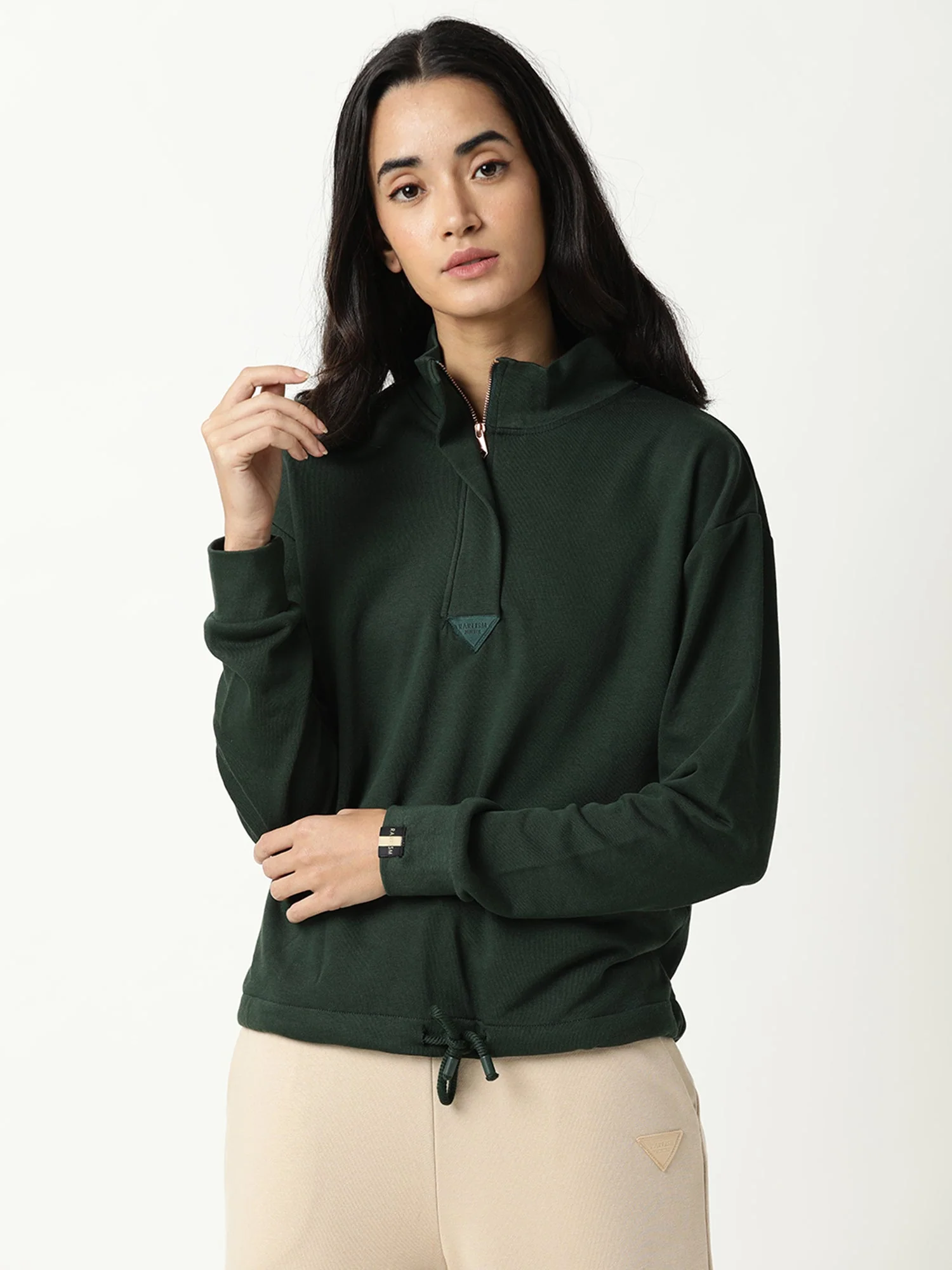 Rareism Women's Taffy Green High Neck Plain Relaxed Fit Sweatshirt