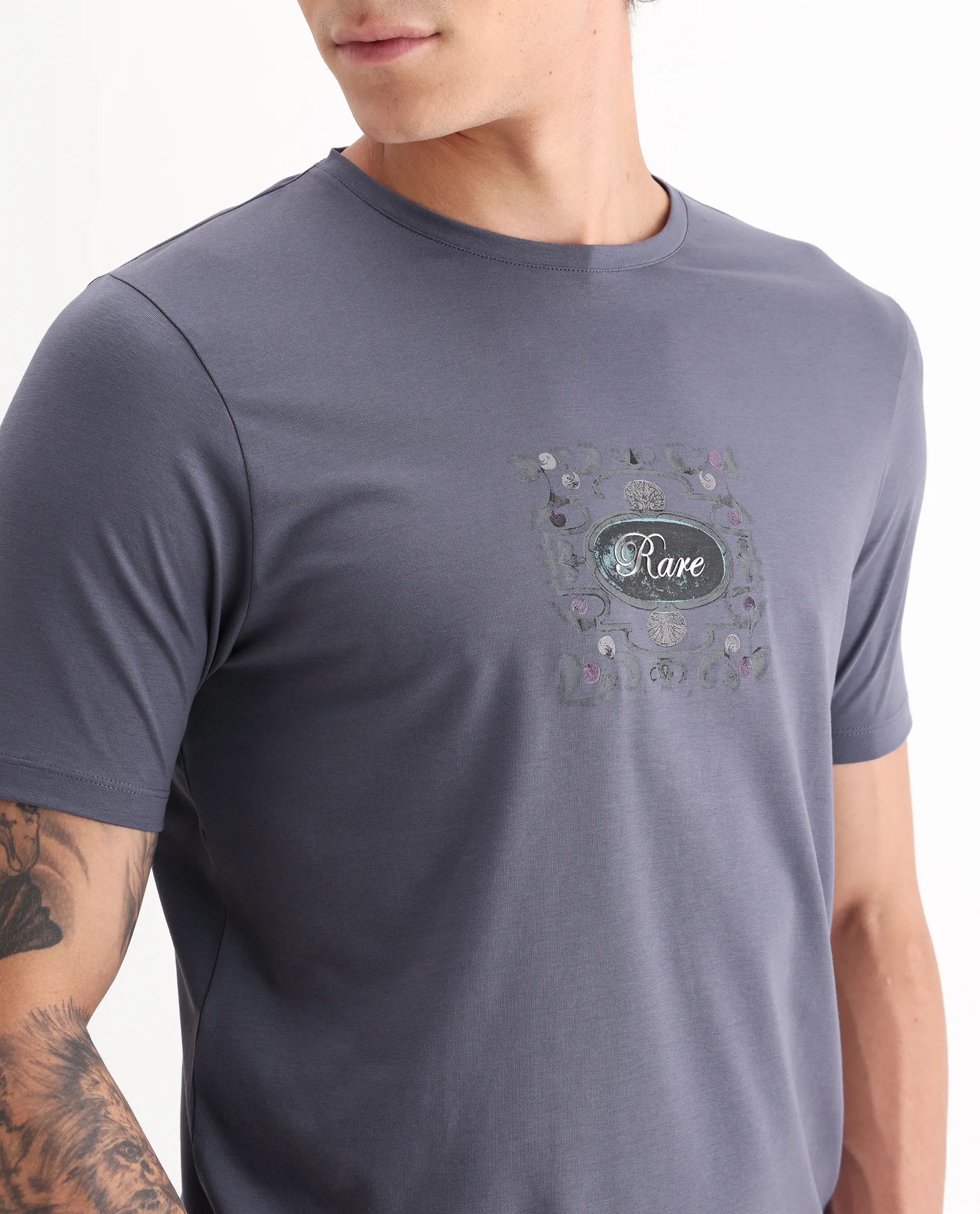 Rare Rabbit Men's Tain Dusky Purple Cotton Blend Graphic Print Regular Fit Half Sleeve Crew Neck T-Shirt - Image 3