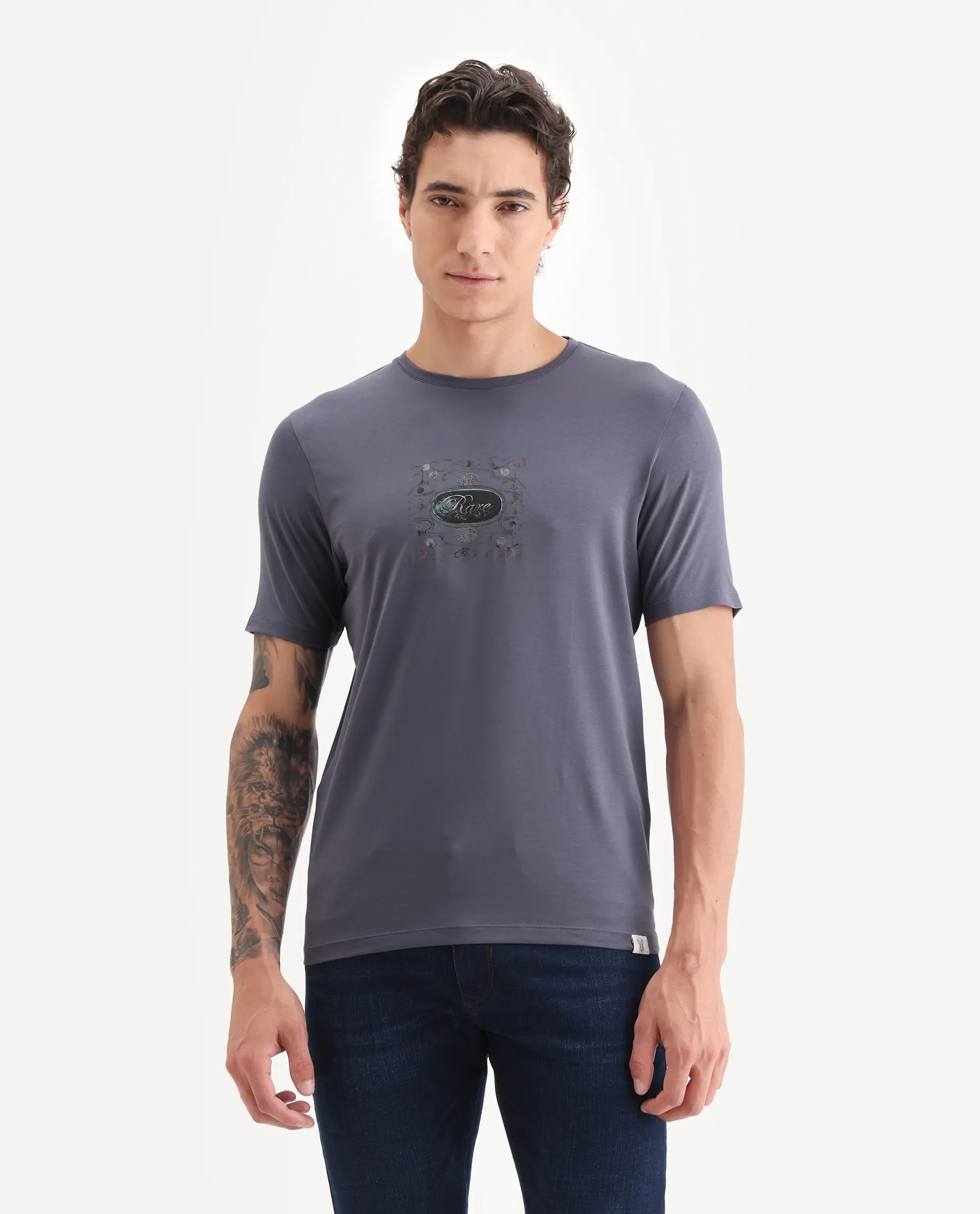 Rare Rabbit Men's Tain Dusky Purple Cotton Blend Graphic Print Regular Fit Half Sleeve Crew Neck T-Shirt - Image 4