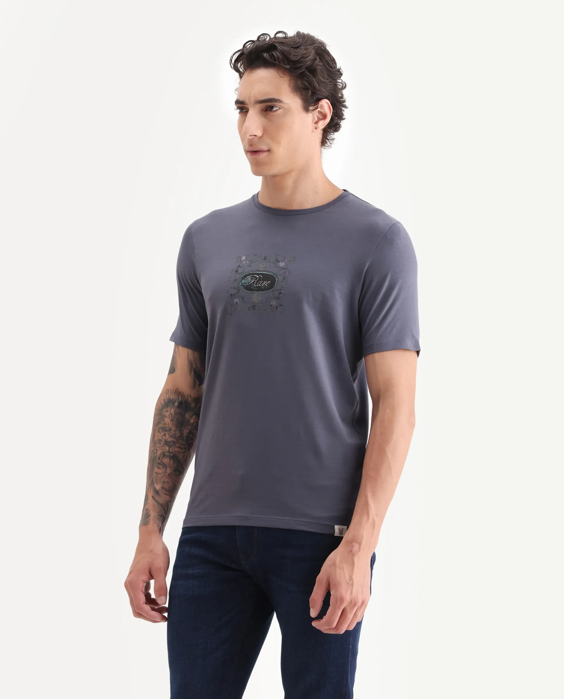 Rare Rabbit Men's Tain Dusky Purple Cotton Blend Graphic Print Regular Fit Half Sleeve Crew Neck T-Shirt - Image 5