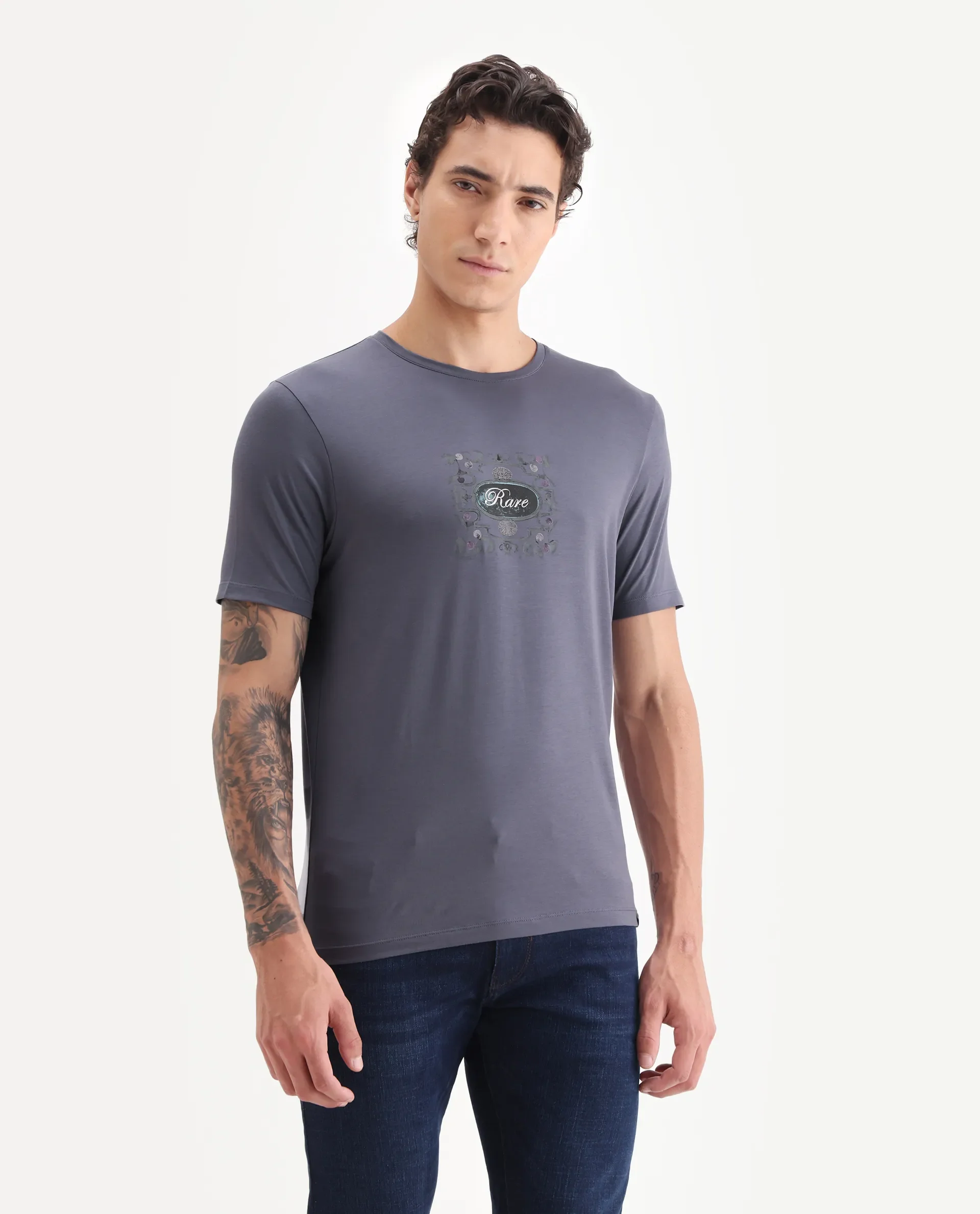 Rare Rabbit Men's Tain Dusky Purple Cotton Blend Graphic Print Regular Fit Half Sleeve Crew Neck T-Shirt - Image 6