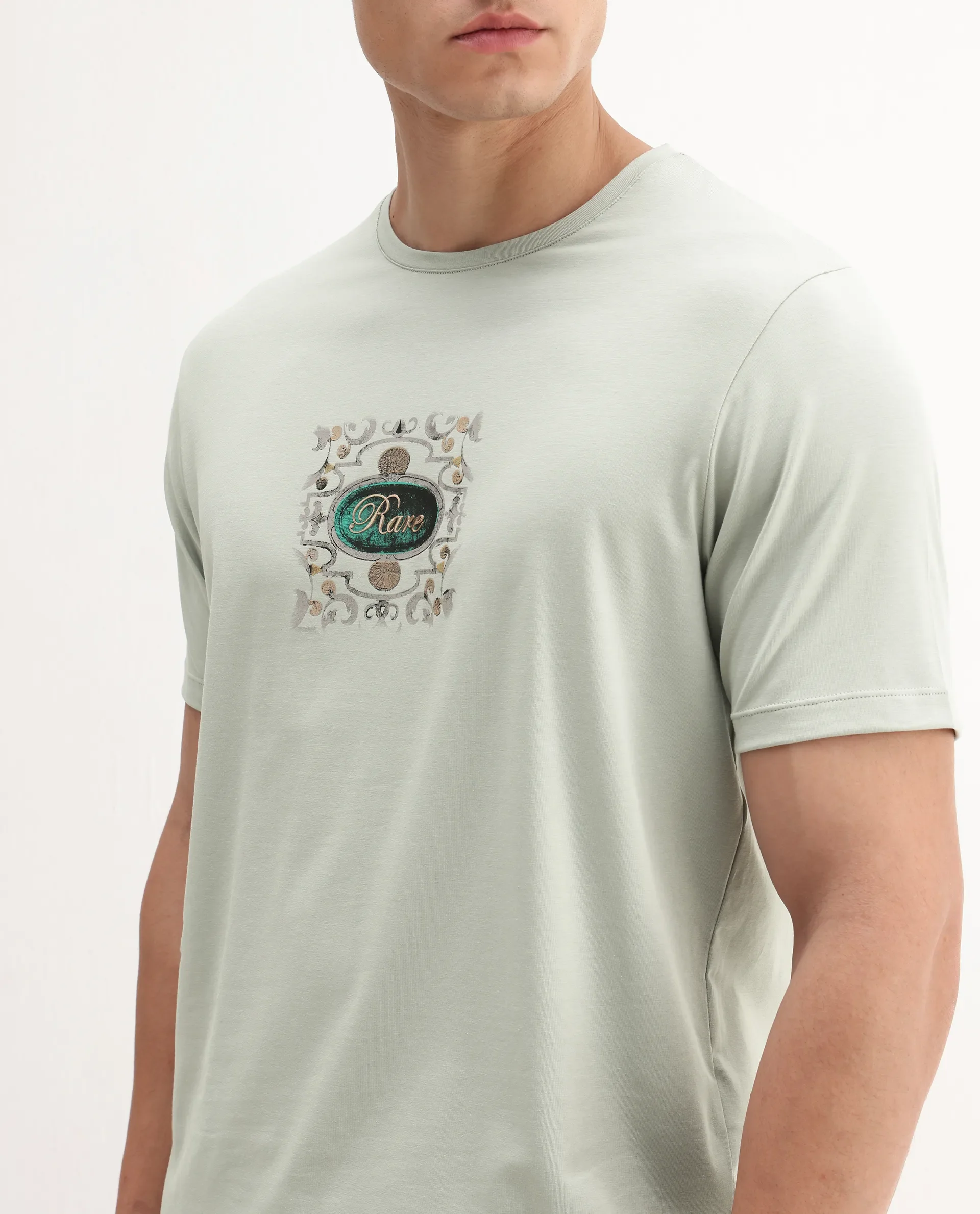 Rare Rabbit Men's Tain Pastel Green Cotton Blend Graphic Print Regular Fit Half Sleeve Crew Neck T-Shirt - Image 3