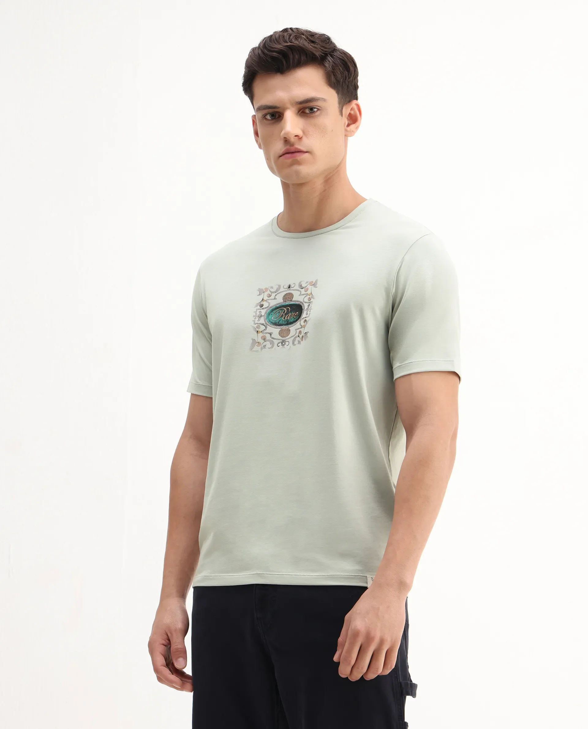 Rare Rabbit Men's Tain Pastel Green Cotton Blend Graphic Print Regular Fit Half Sleeve Crew Neck T-Shirt - Image 4