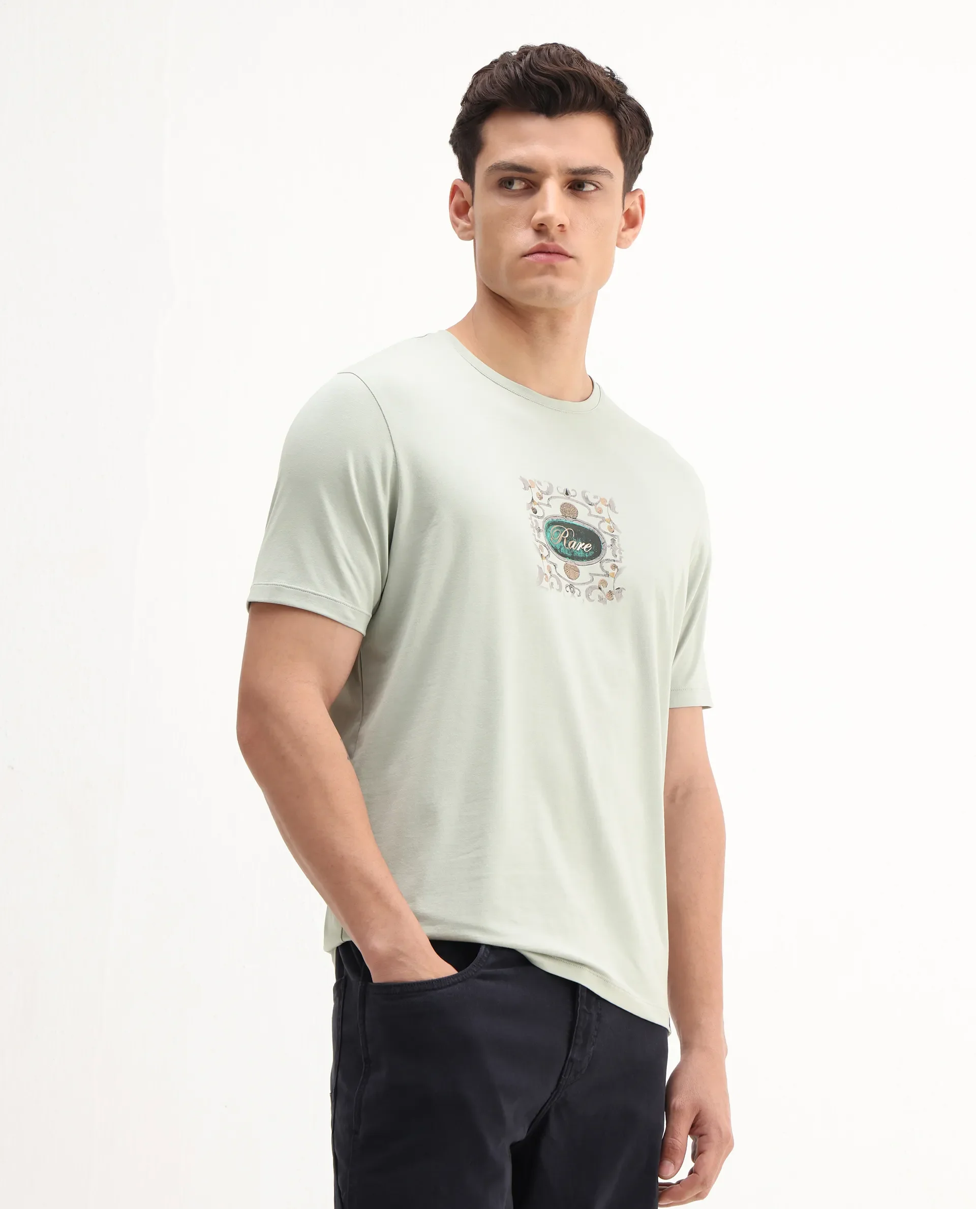 Rare Rabbit Men's Tain Pastel Green Cotton Blend Graphic Print Regular Fit Half Sleeve Crew Neck T-Shirt - Image 5