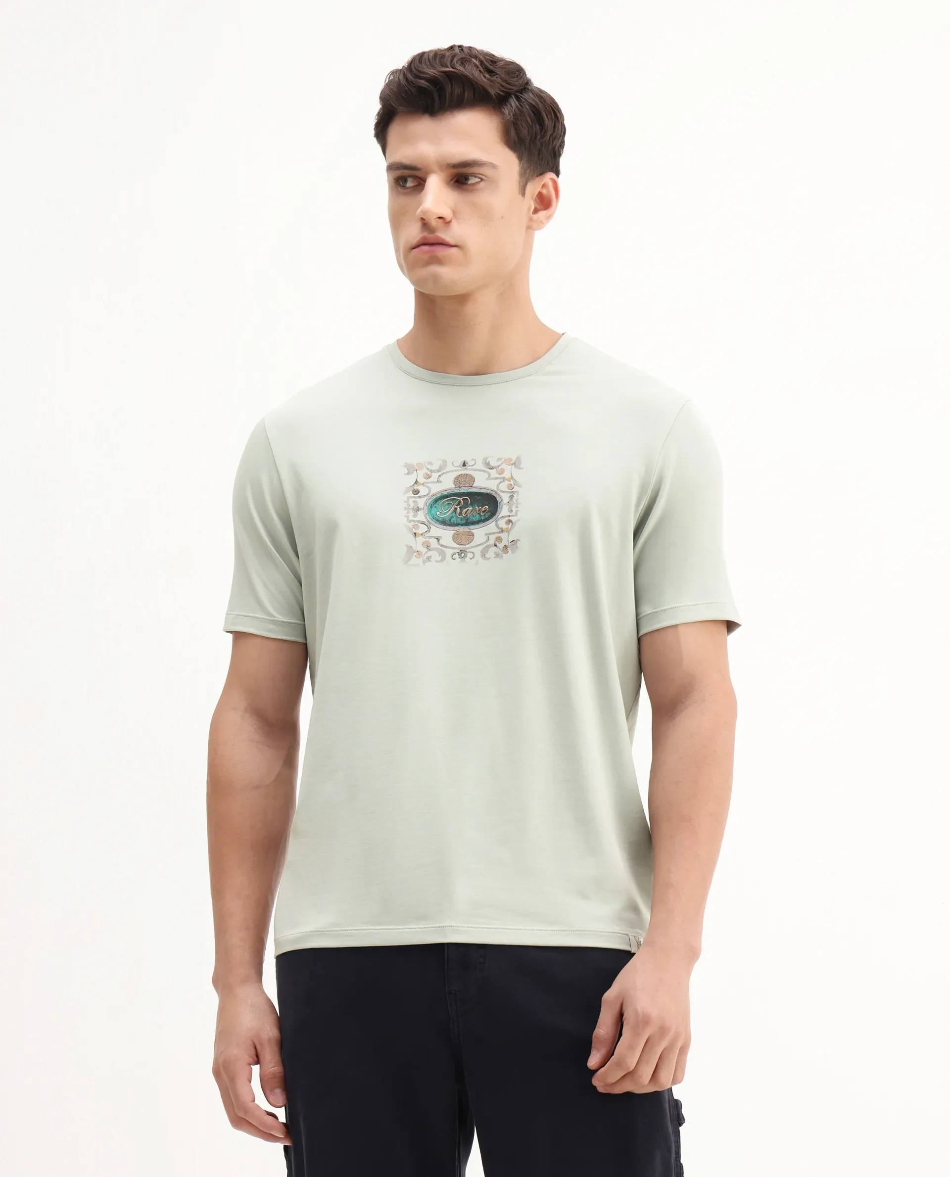 Rare Rabbit Men's Tain Pastel Green Cotton Blend Graphic Print Regular Fit Half Sleeve Crew Neck T-Shirt - Image 6