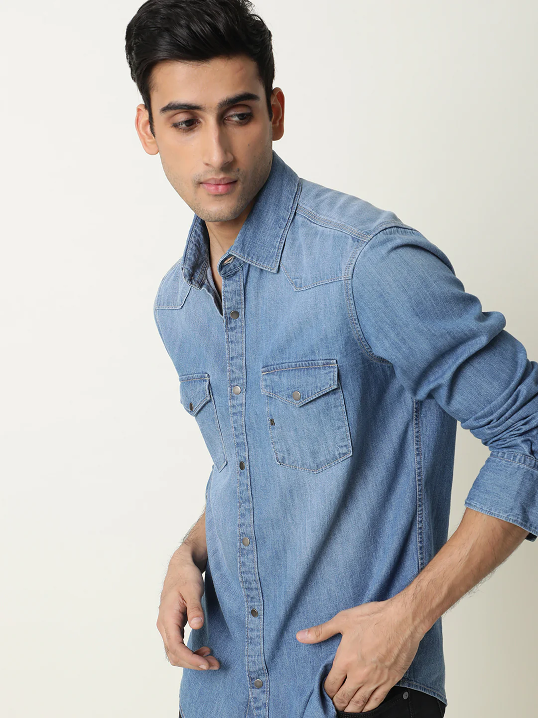 Rare Rabbit Men's Taison Light Blue Cotton Plain Regular Fit Full Sleeve Spread Collar Shirt - Image 3