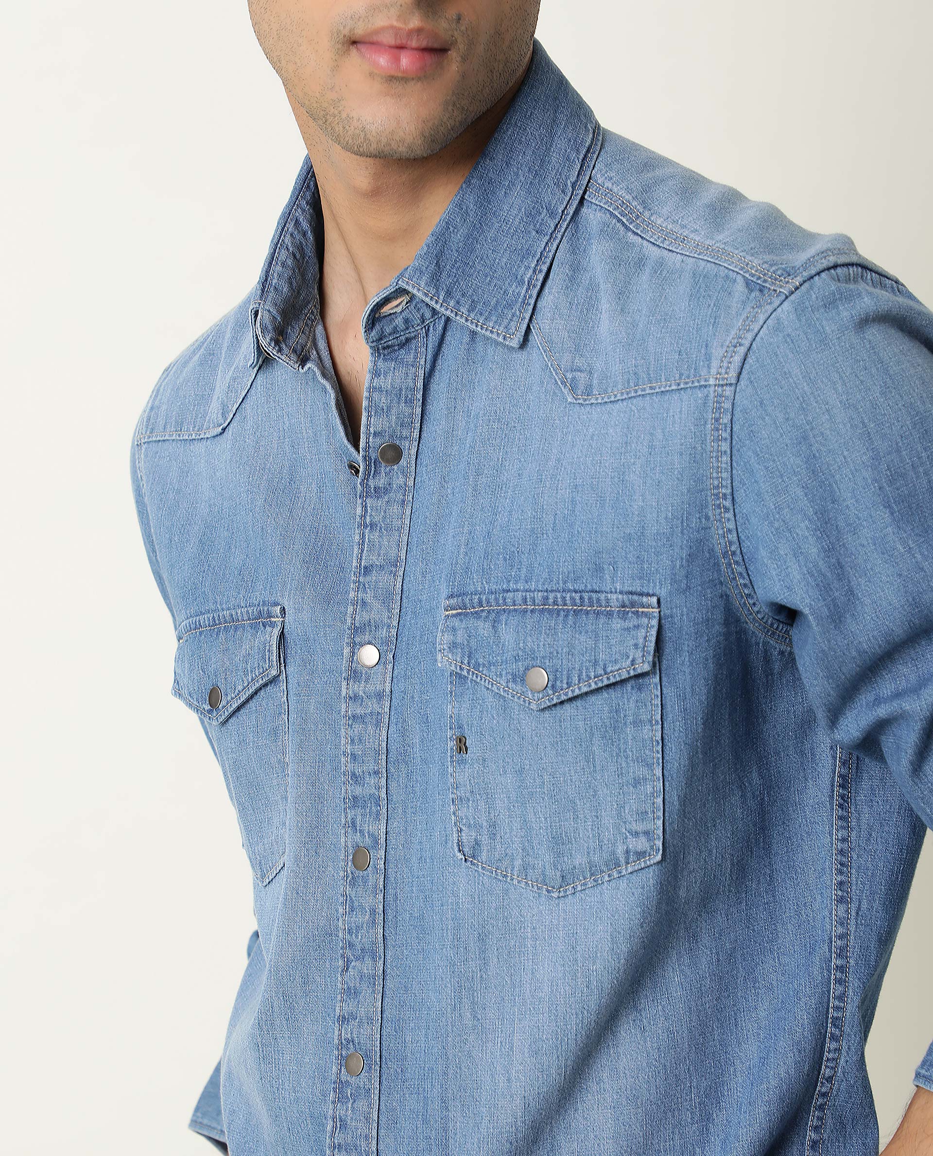 Rare Rabbit Men's Taison Light Blue Cotton Plain Regular Fit Full Sleeve Spread Collar Shirt - Image 4