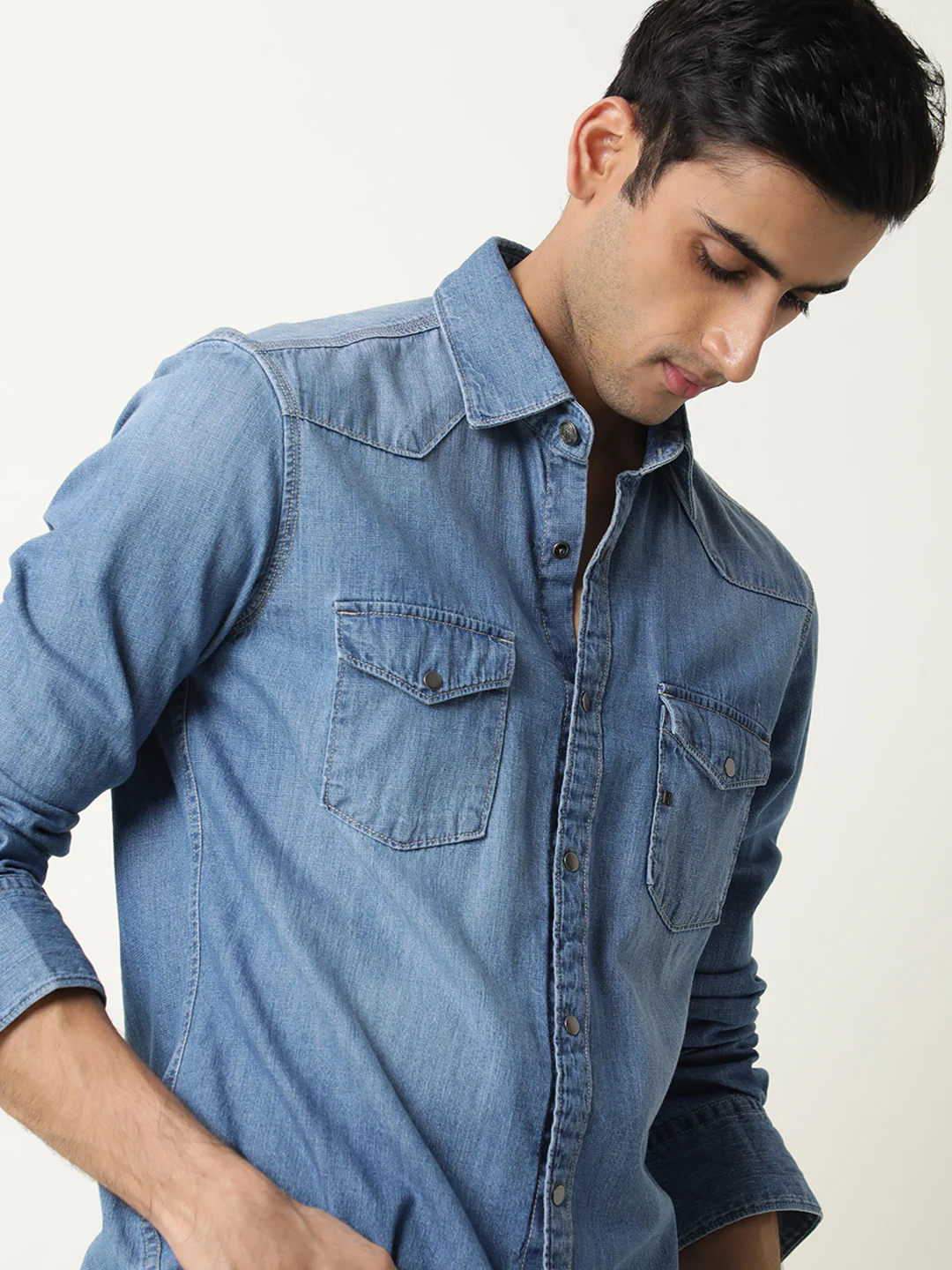 Rare Rabbit Men's Taison Light Blue Cotton Plain Regular Fit Full Sleeve Spread Collar Shirt - Image 5