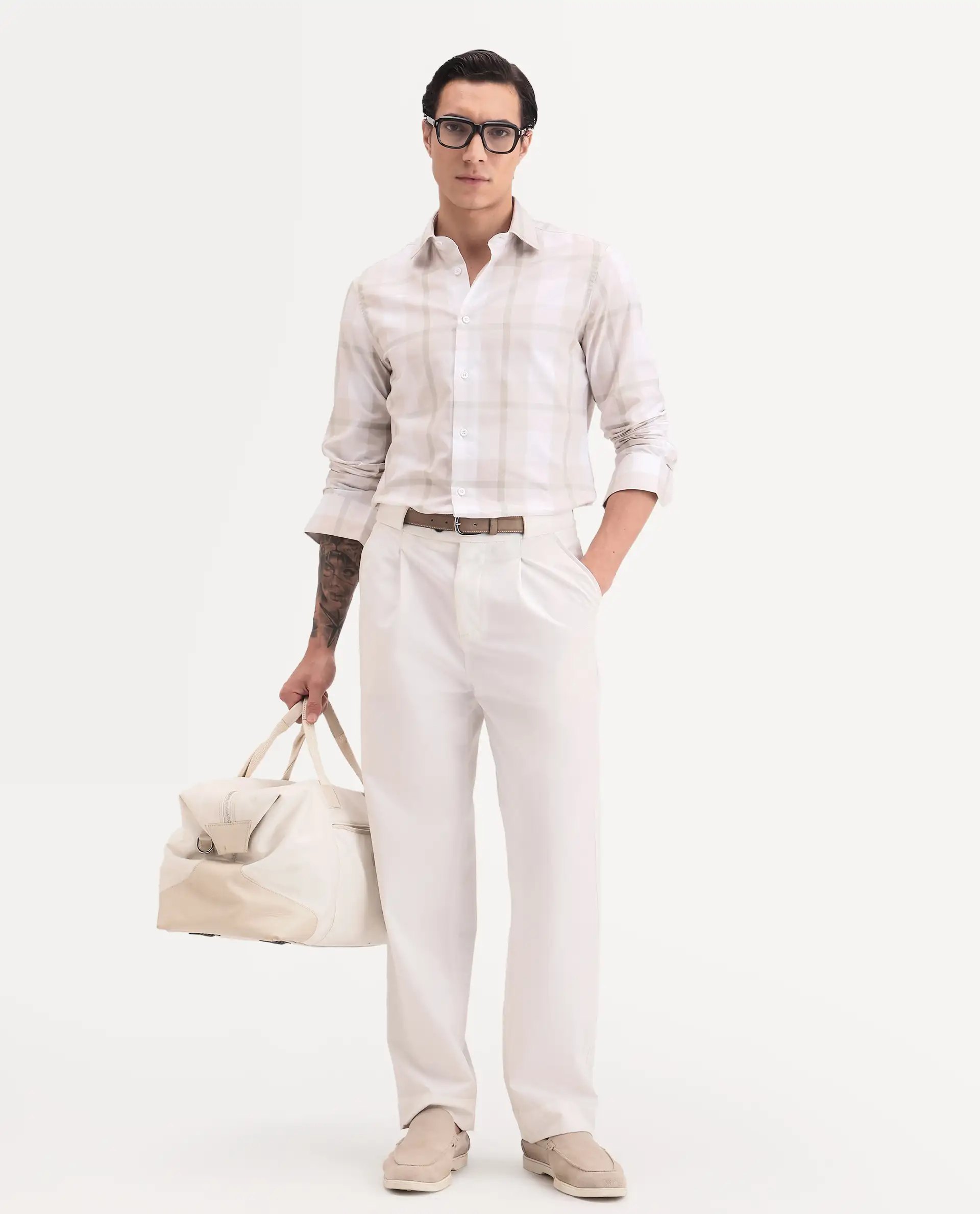 Rare Rabbit Men's Taki Beige Cotton Fabric Full Sleeve Spread Collar Regular Fit Checked Shirt - Image 2