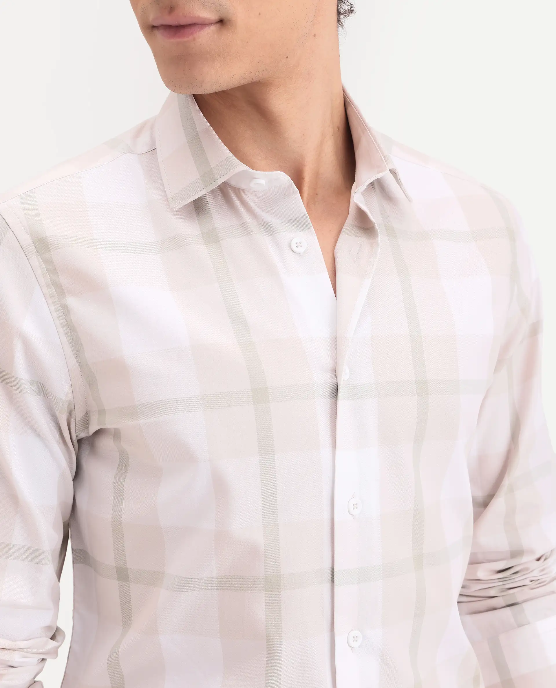 Rare Rabbit Men's Taki Beige Cotton Fabric Full Sleeve Spread Collar Regular Fit Checked Shirt - Image 3