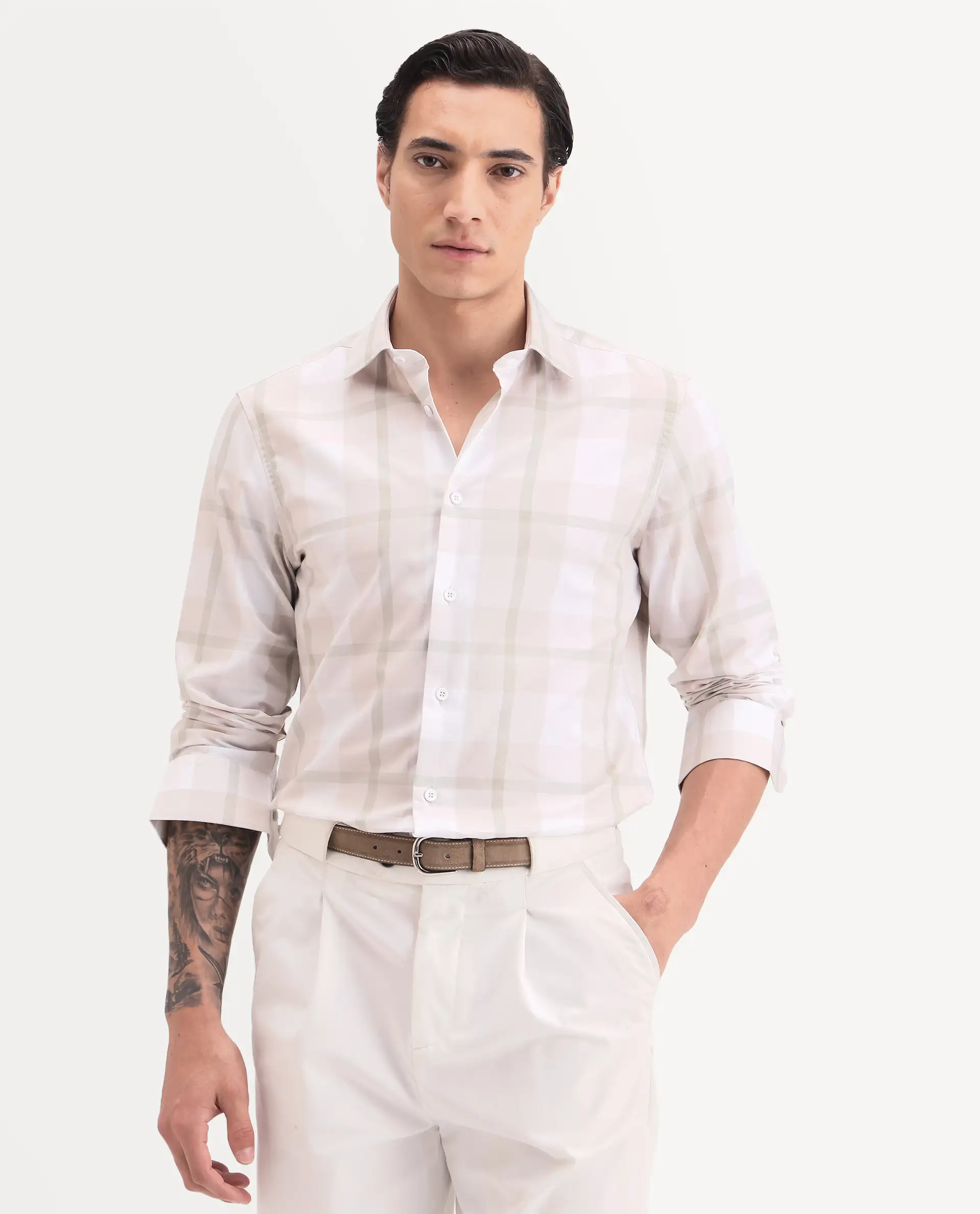 Rare Rabbit Men's Taki Beige Cotton Fabric Full Sleeve Spread Collar Regular Fit Checked Shirt - Image 4