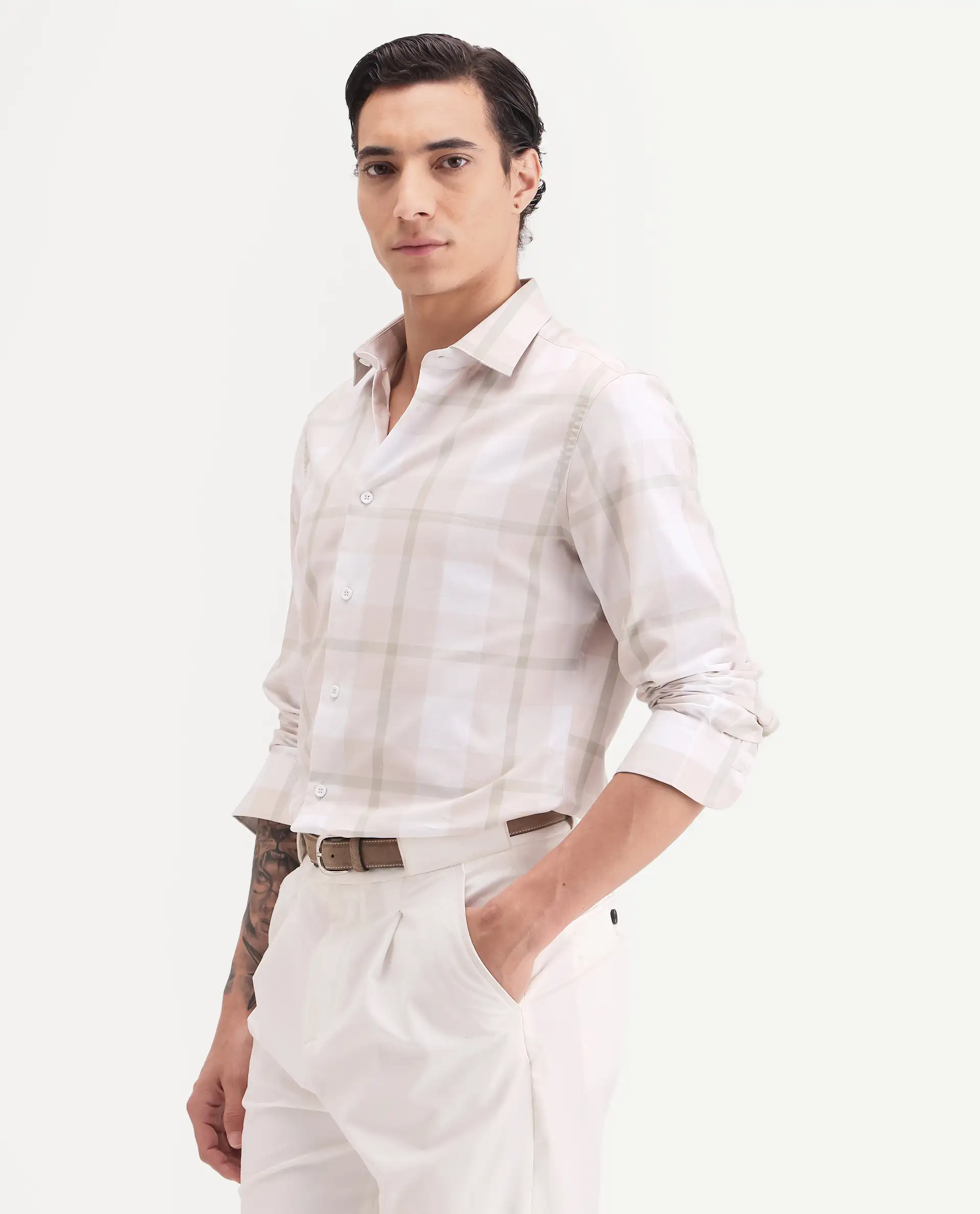 Rare Rabbit Men's Taki Beige Cotton Fabric Full Sleeve Spread Collar Regular Fit Checked Shirt - Image 5