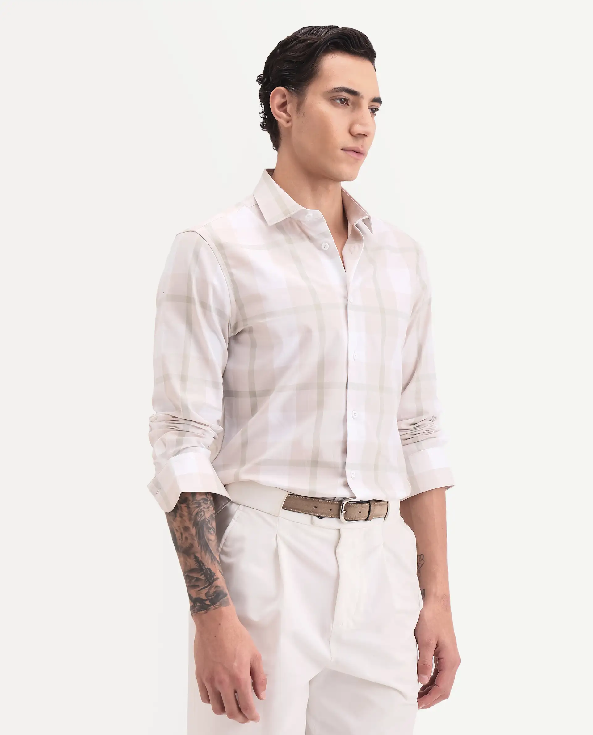 Rare Rabbit Men's Taki Beige Cotton Fabric Full Sleeve Spread Collar Regular Fit Checked Shirt - Image 6