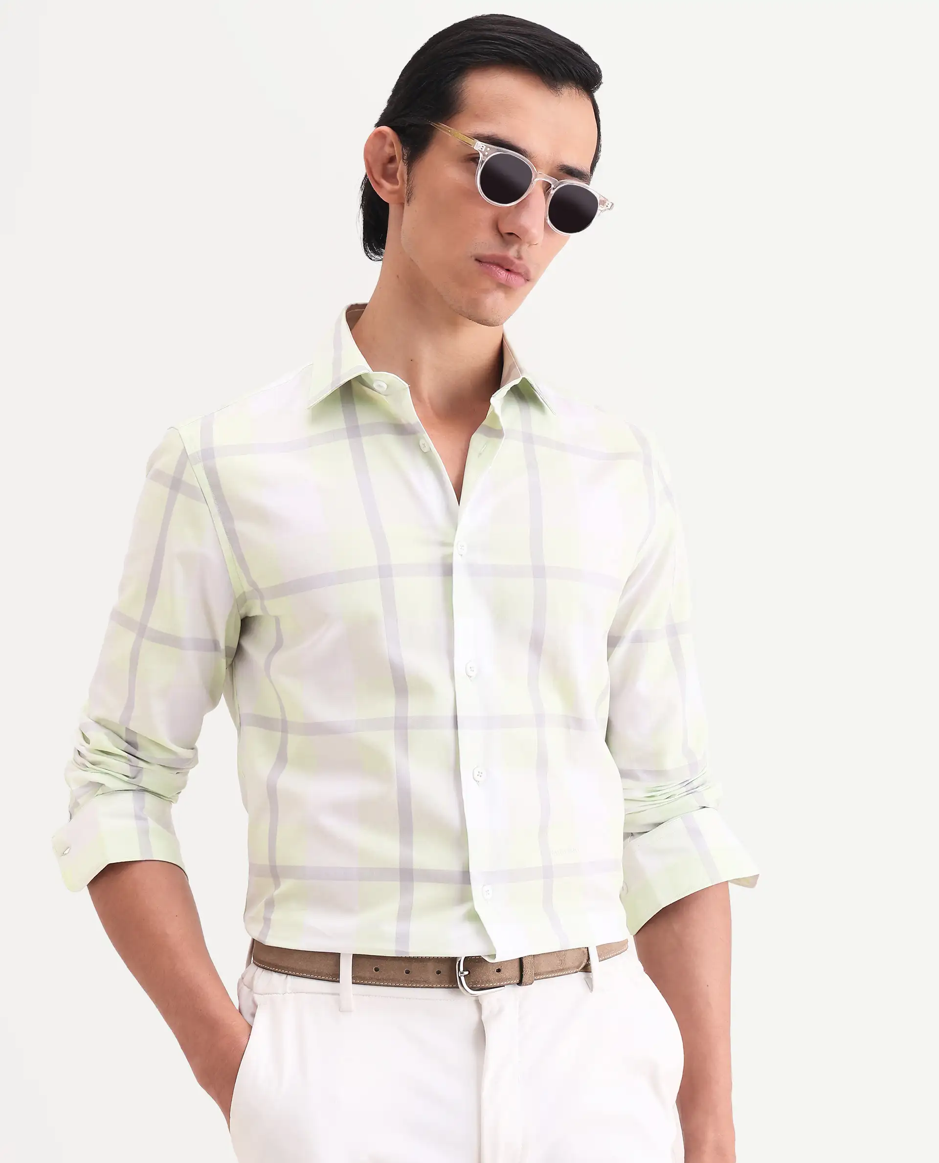Rare Rabbit Men's Taki Fluorescent Green Cotton Fabric Full Sleeve Spread Collar Regular Fit Checked Shirt