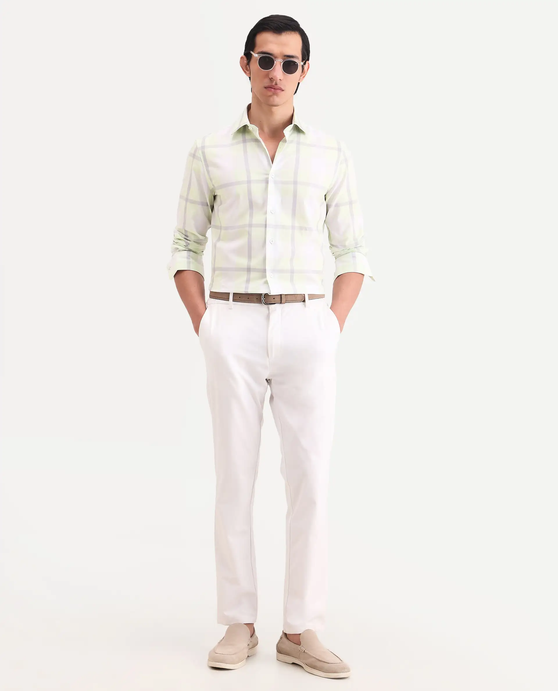 Rare Rabbit Men's Taki Fluorescent Green Cotton Fabric Full Sleeve Spread Collar Regular Fit Checked Shirt - Image 2