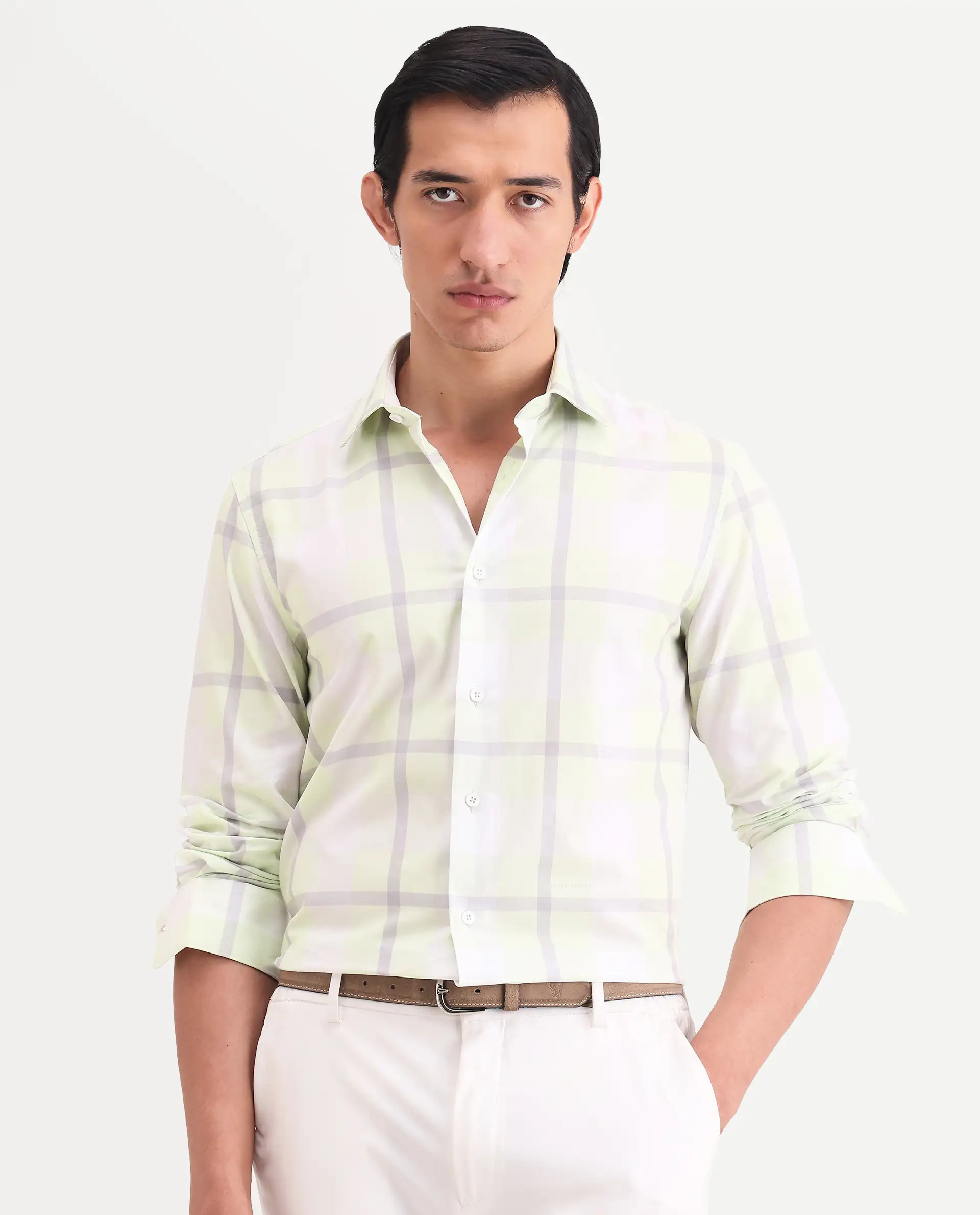 Rare Rabbit Men's Taki Fluorescent Green Cotton Fabric Full Sleeve Spread Collar Regular Fit Checked Shirt - Image 4