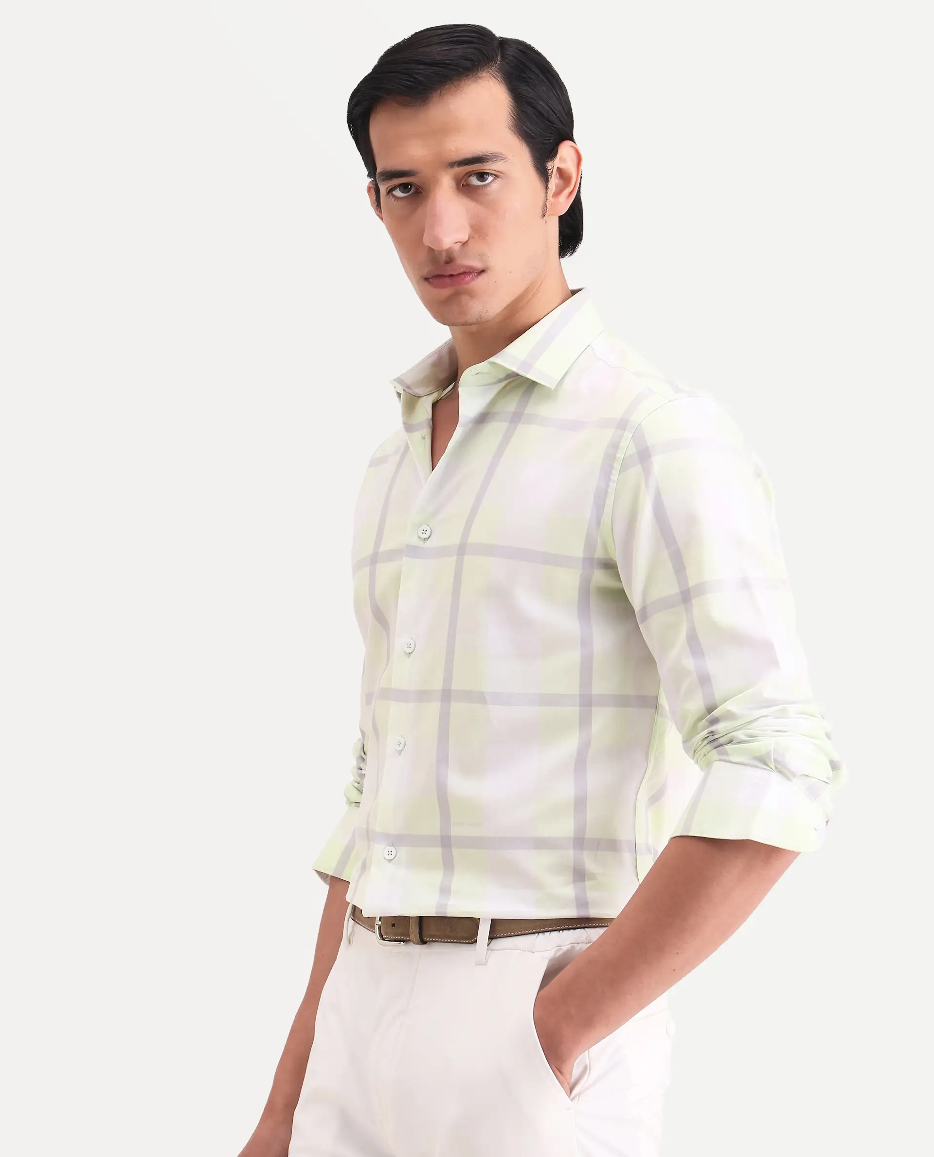 Rare Rabbit Men's Taki Fluorescent Green Cotton Fabric Full Sleeve Spread Collar Regular Fit Checked Shirt - Image 5