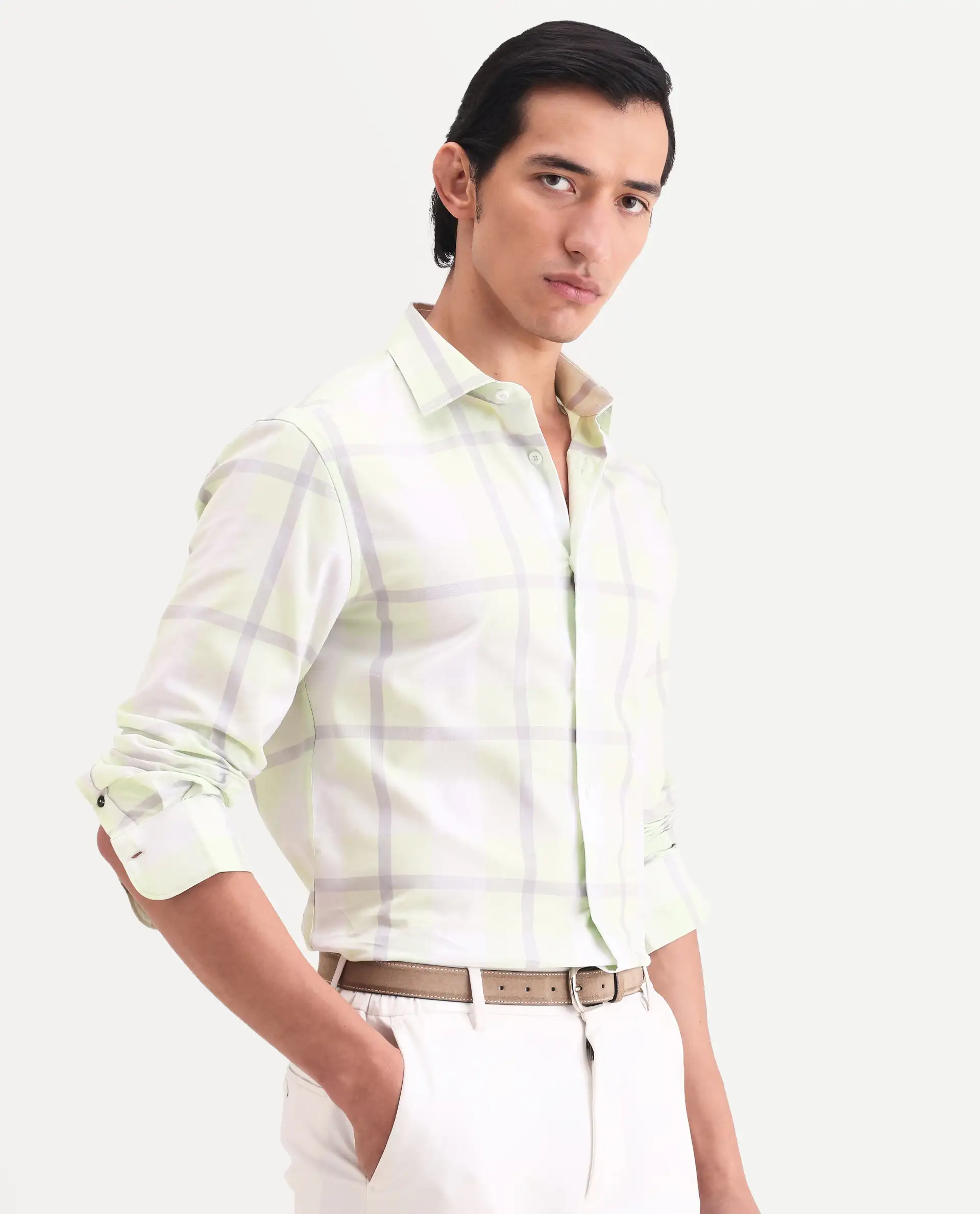 Rare Rabbit Men's Taki Fluorescent Green Cotton Fabric Full Sleeve Spread Collar Regular Fit Checked Shirt - Image 6