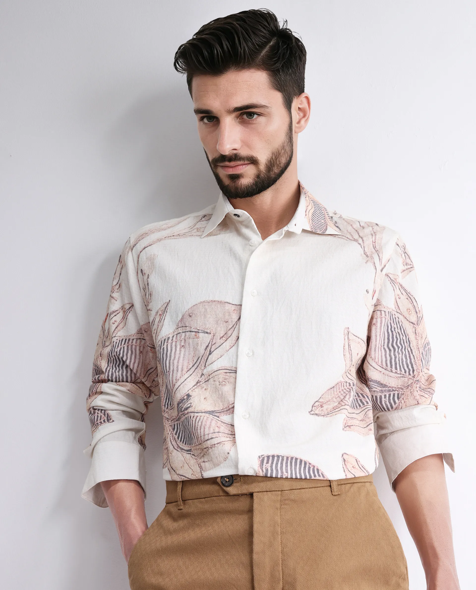Rare Rabbit Men's Taks White Viscose Blend Floral Print Regular Fit Full Sleeve Collared Shirt - Image 2