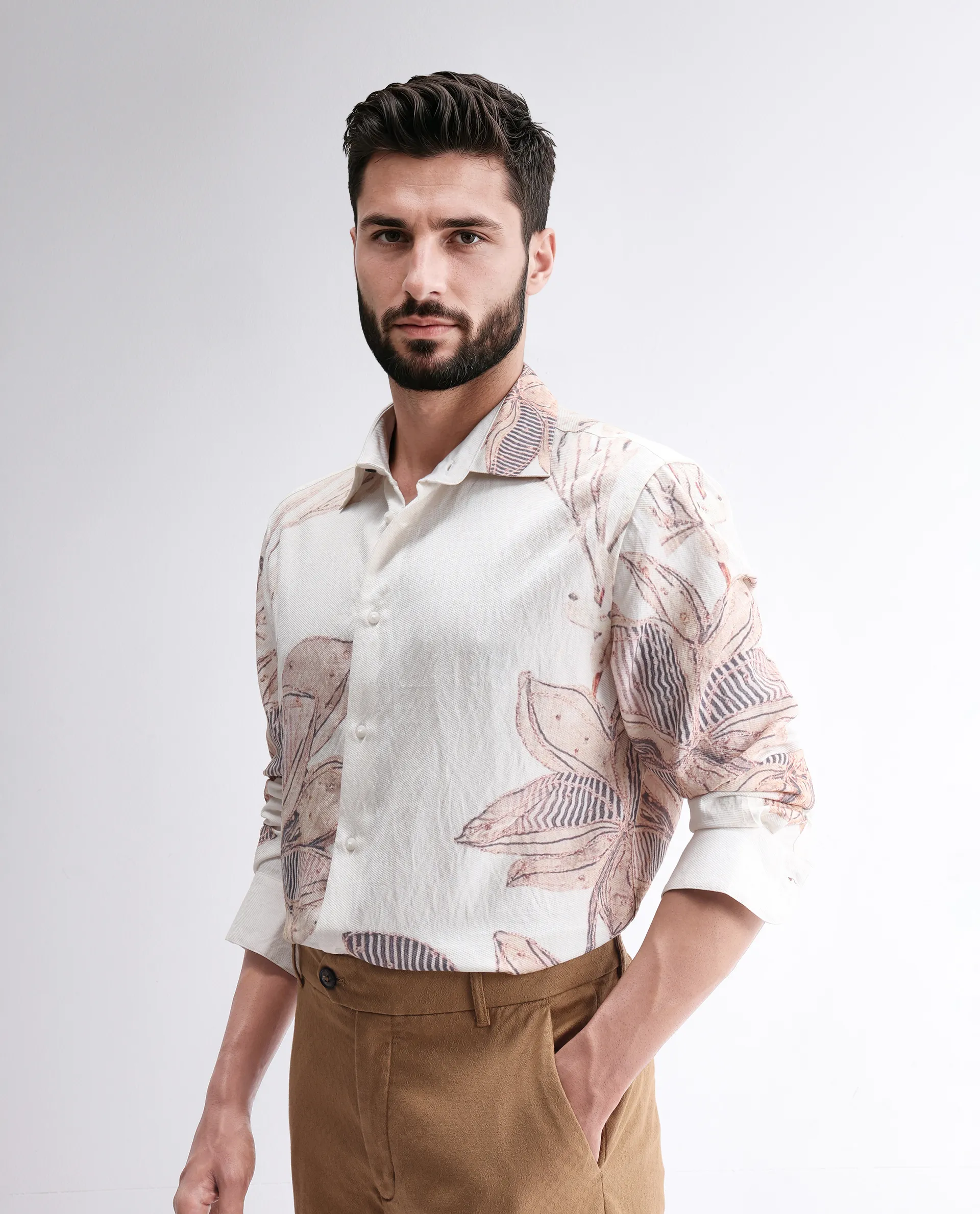 Rare Rabbit Men's Taks White Viscose Blend Floral Print Regular Fit Full Sleeve Collared Shirt - Image 5